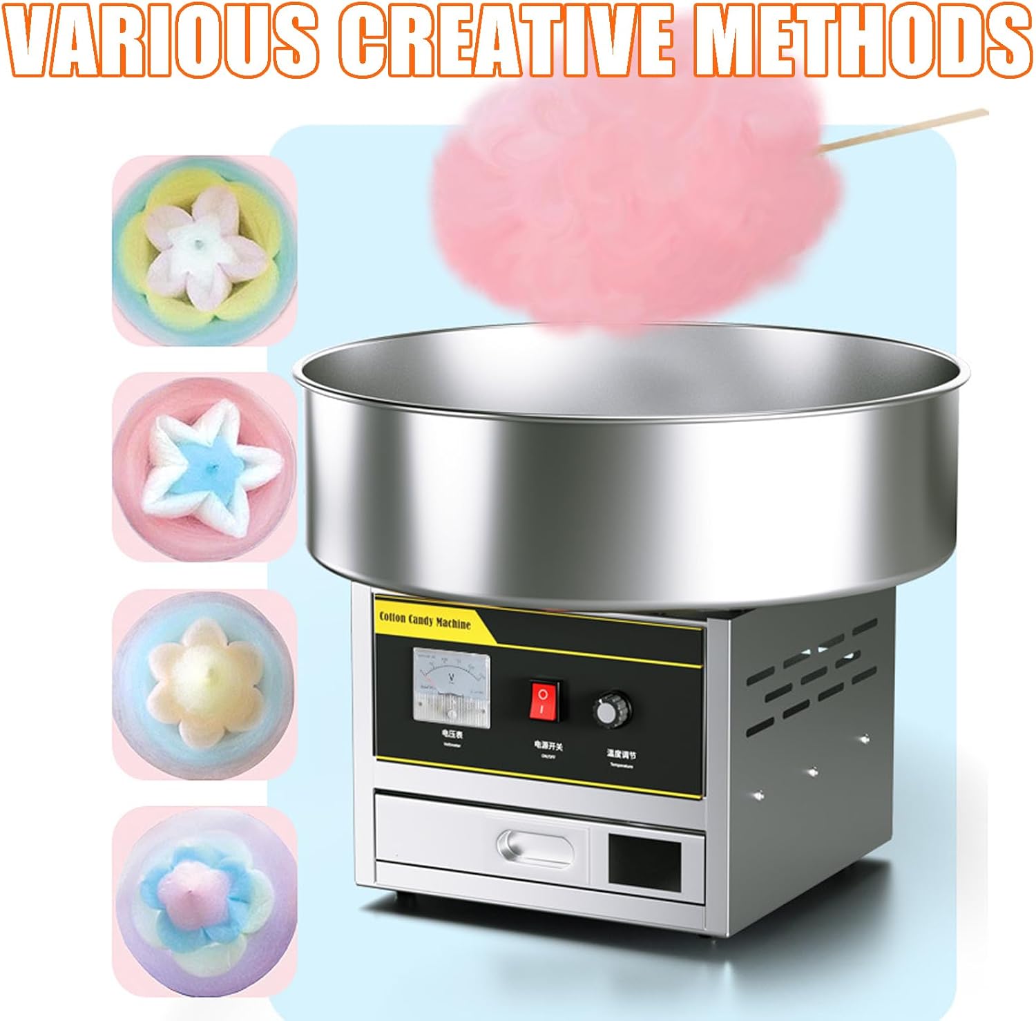 Commercial Cotton Candy Machine Electric Candy Floss Maker with Stainless Steel Bowl Sugar Scoop Storage Drawer and Stick Holder for Birthday Family Party C