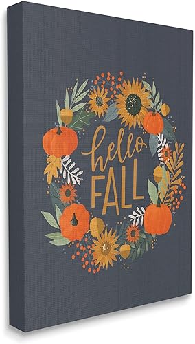 Stupell Industries Corona de calabaza de girasol con saludo de otoño con texto en inglés Hello Fall Good diseñada por Loni Harris, lienzo decorativo