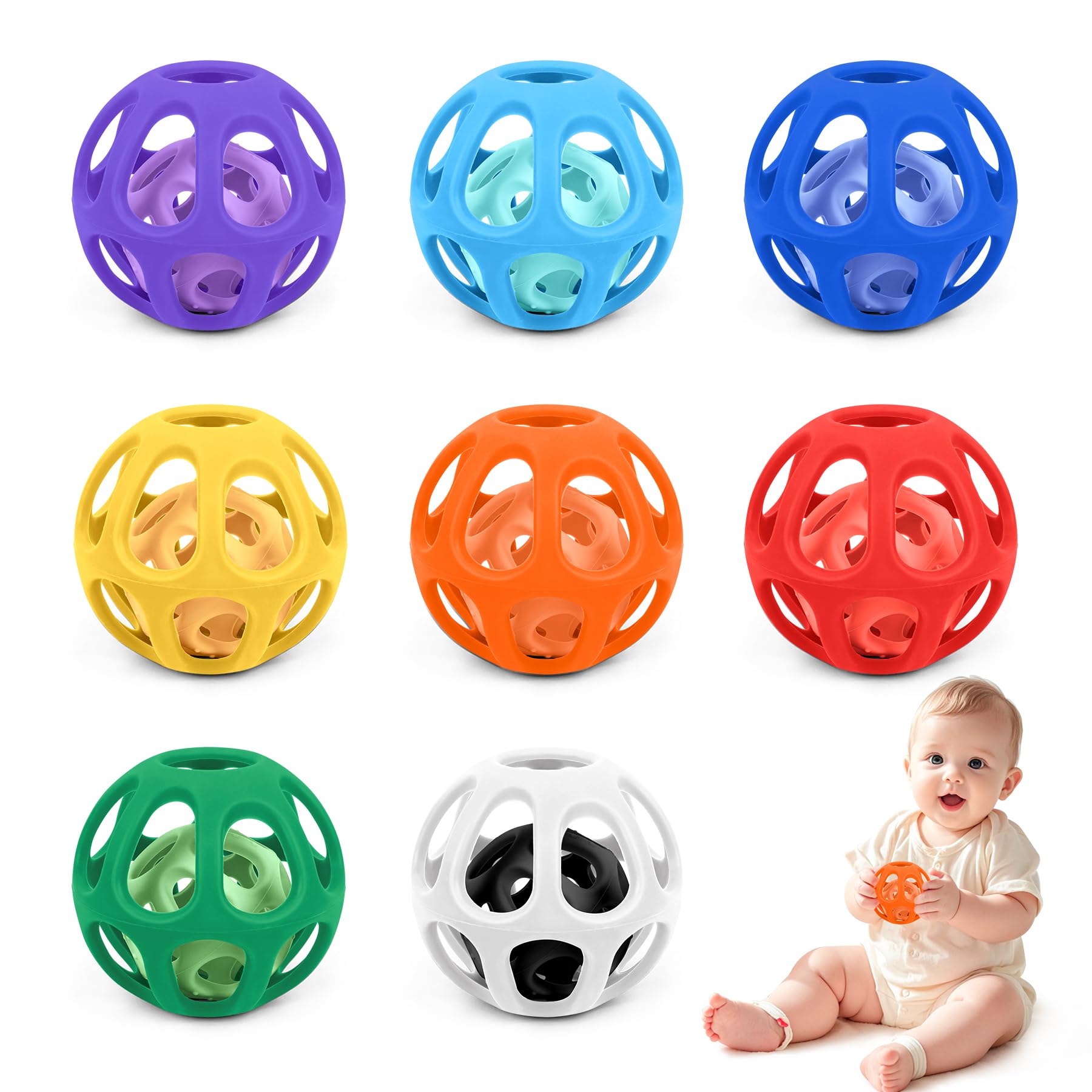 MCGMITT Balles Sensorielles Bébé 8 Pièces en Silicone, Jouet d’Éveil Montessori Texturé, Jouet de Dentition et de Préhension, Jeu de Bain, Développement Sensoriel et Motricité, Sans BPA, Dès 6 Mois