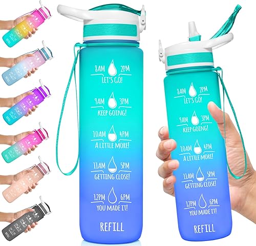 Miniatura 29 de HydroMATE - Botella de agua de 32 oz con popote y marcas motivacionales de horarios, reutilizable, a prueba de fugas, sin BPA, horas marcadas para