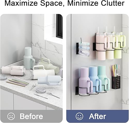 Miniatura 3 de Portavasos magnético para refrigerador, se adapta a vasos Stanley de 203040 onzas, organizador de botellas de agua con estante para tapa y soporte