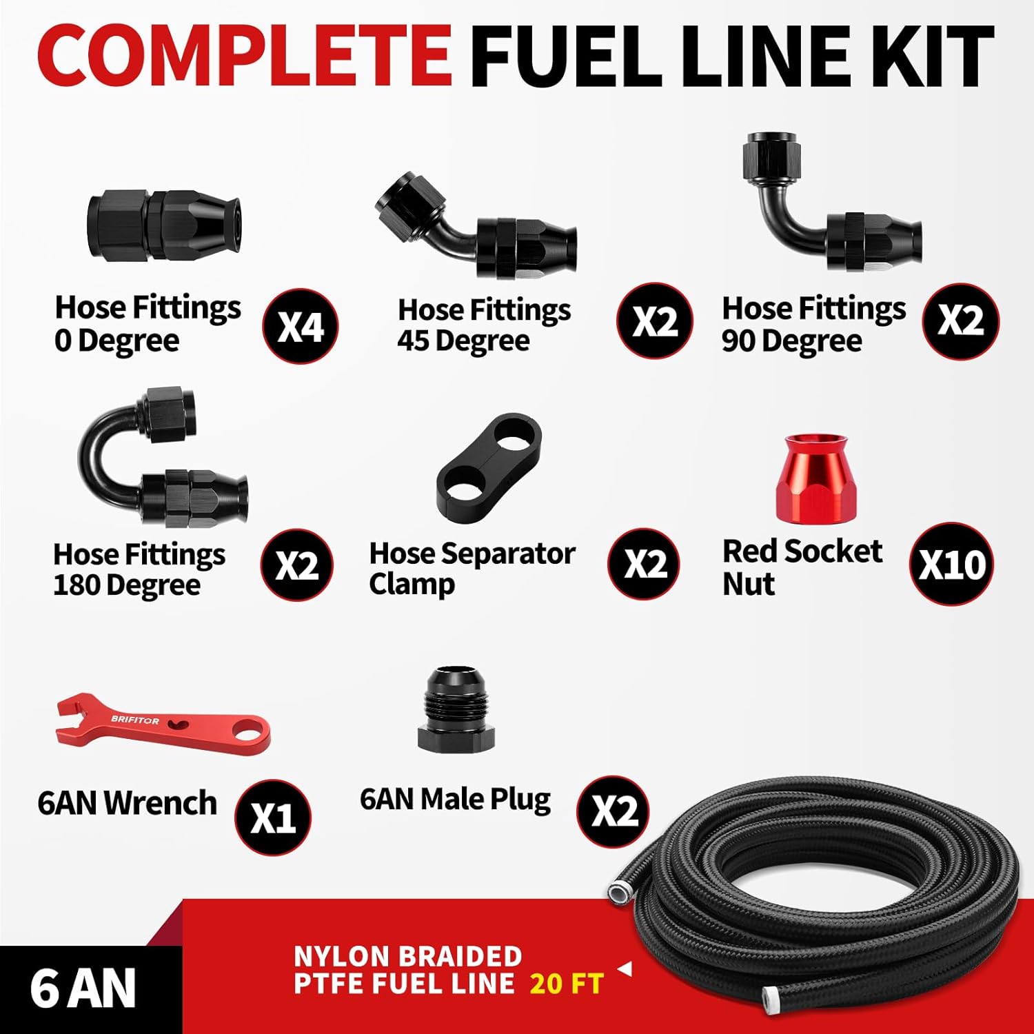 6AN PTFE Fuel Line Kit, 6AN 20FT E85 Nylon Braided PTFE Fuel Line Hose With AN6 Hose End Fitting & AN Fitting Wrench for LS Swap EFI System