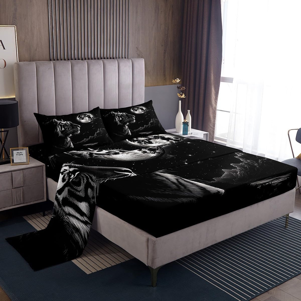 Feelyou Tiger Sheet Set Queen Size Mooon Sheets with Deep Pocket Fitted Sheet Universe Cloud Galaxy Bed Sheets Set Star Print Bedding Set Room Decor Animal Bed Set