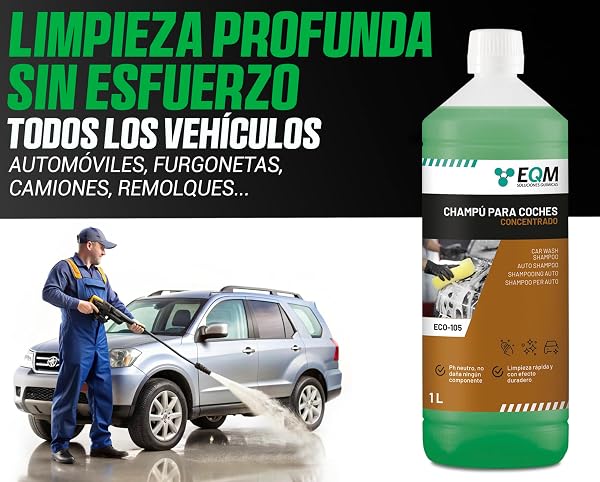 EQM - ECO-105 - Champú Concentrado para Coche - 1L - +50 Lavados - Limpieza Rápida y Protección de la Pintura gracias a su pH Neutro - 4