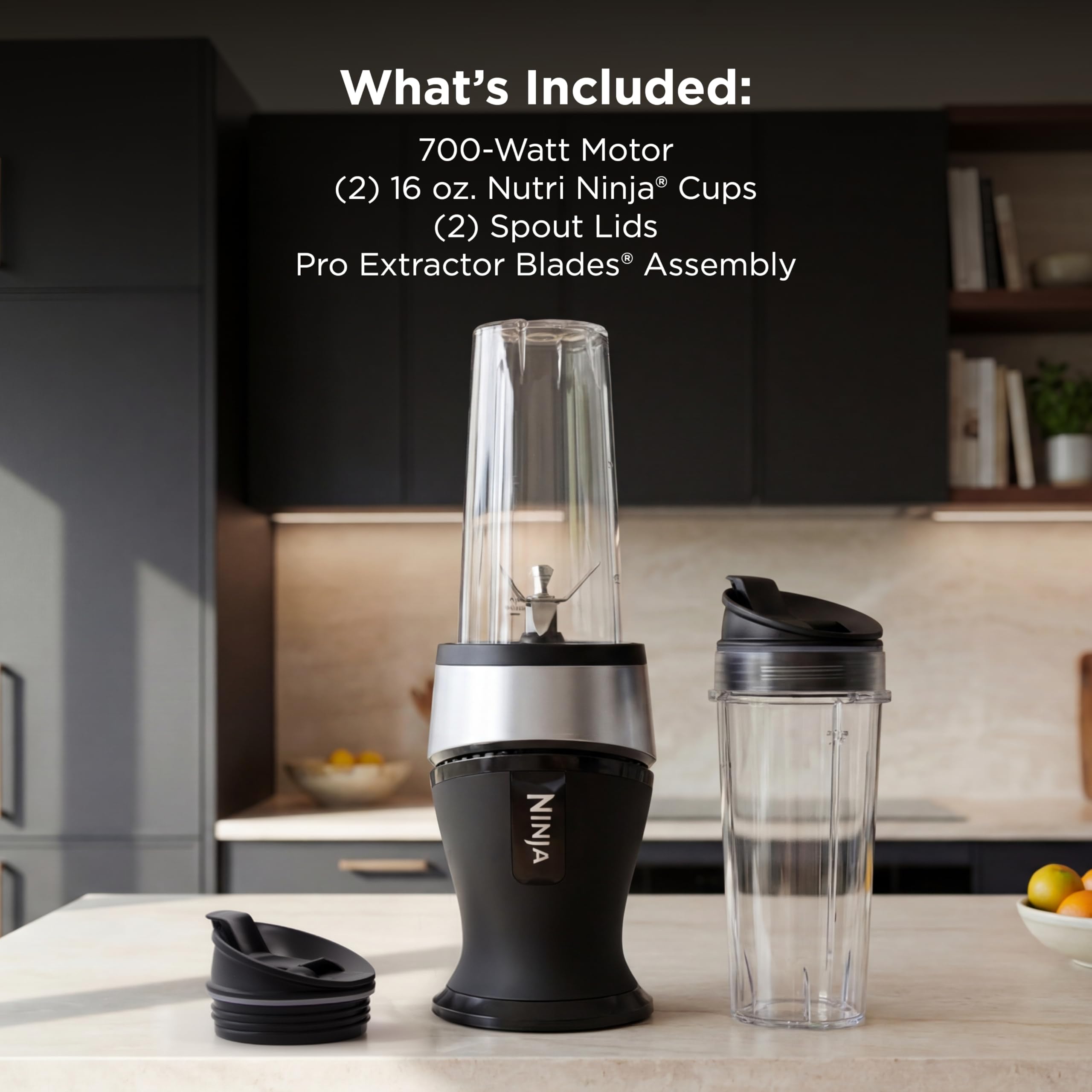 Ninja BN301 Nutri-Blender Plus Compact Personal Blender, 900-Peak-Watt Motor, Frozen Drinks, Smoothies, Sauces & More, (3) 20 oz. To-Go Cups, (2) Spout-Lids (1) Storage-Lid, Dishwasher Safe, Silver: Push to blend