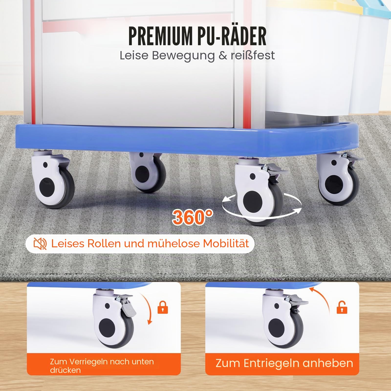 VEVOR Laborwagen Laborhilfswagen 5-stöckig, mobiler medizinischer Wagen aus PP-Material, mit 4 leisen Rädern & 5 Schubladen, Laborrollwagen Salonwagen für Labor, Klinik, Krankenhaus, Salon, Blau