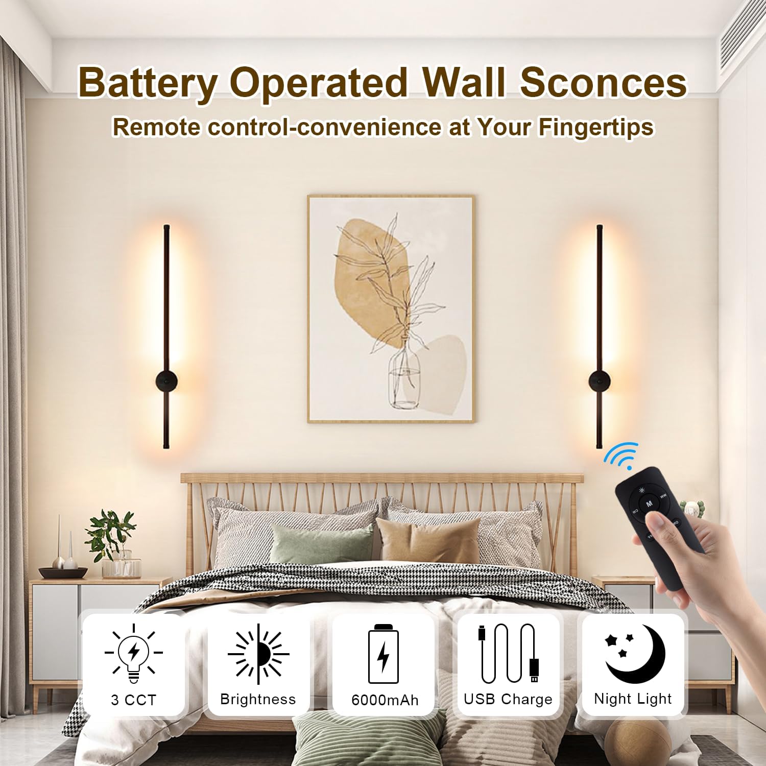 Battery Operated Wall Sconces with Remote Control, USB Rechargeable Wall Lights Wireless, Dimmable LED Wall Sconce Set of 2, 360° Rotation Adjustable Wall Decor for Living Room Bedroom, Black, 24 Inch