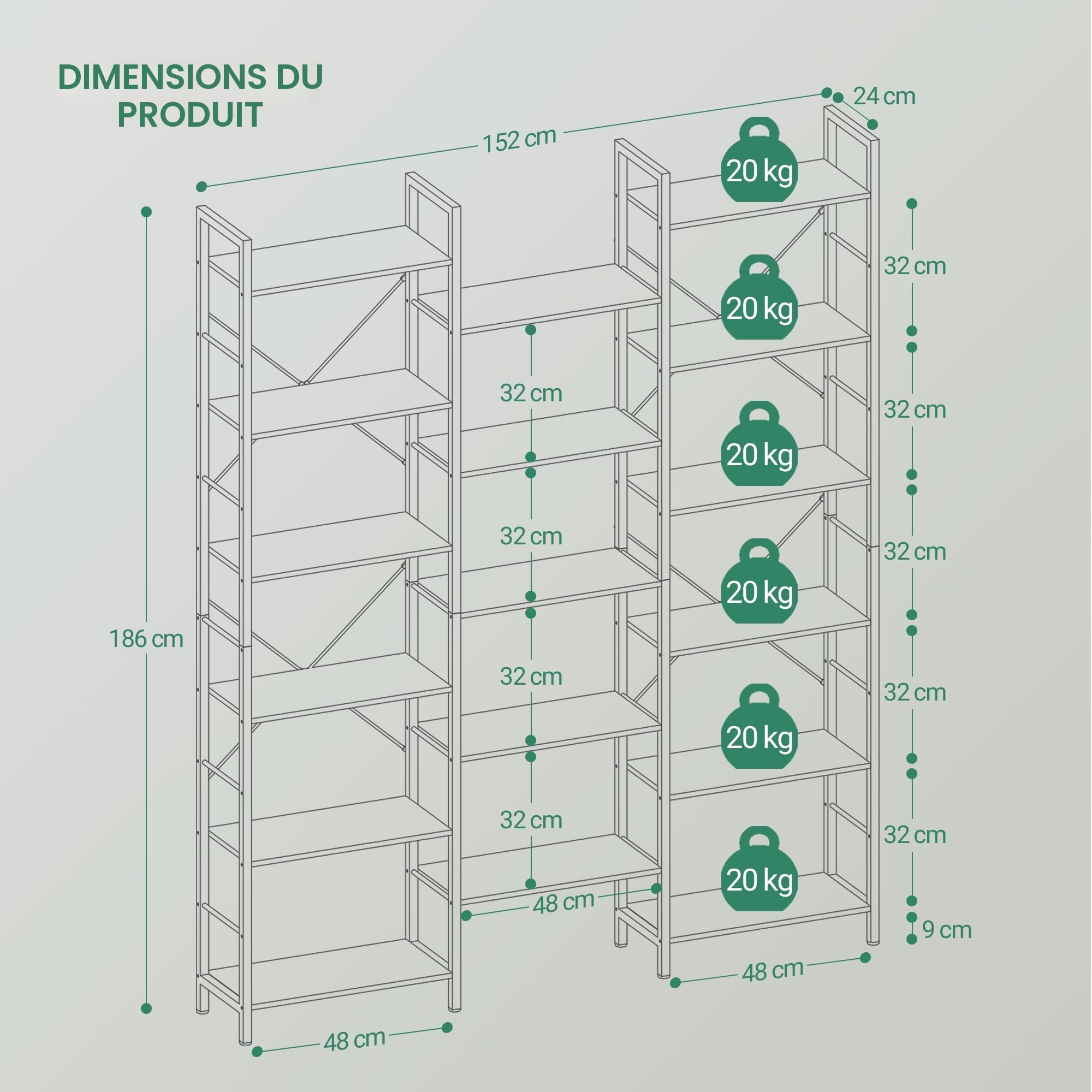 Hzuaneri Bibliothèque 17 Étagères, 24 × 152 × 186 cm Chêne Blanc et Blanc | Étagère ebout, Espacement Réglable, etagere bois, Mangatheque, Pour Salon, Chambre à Coucher, Bureau à Domicile, BC10116W