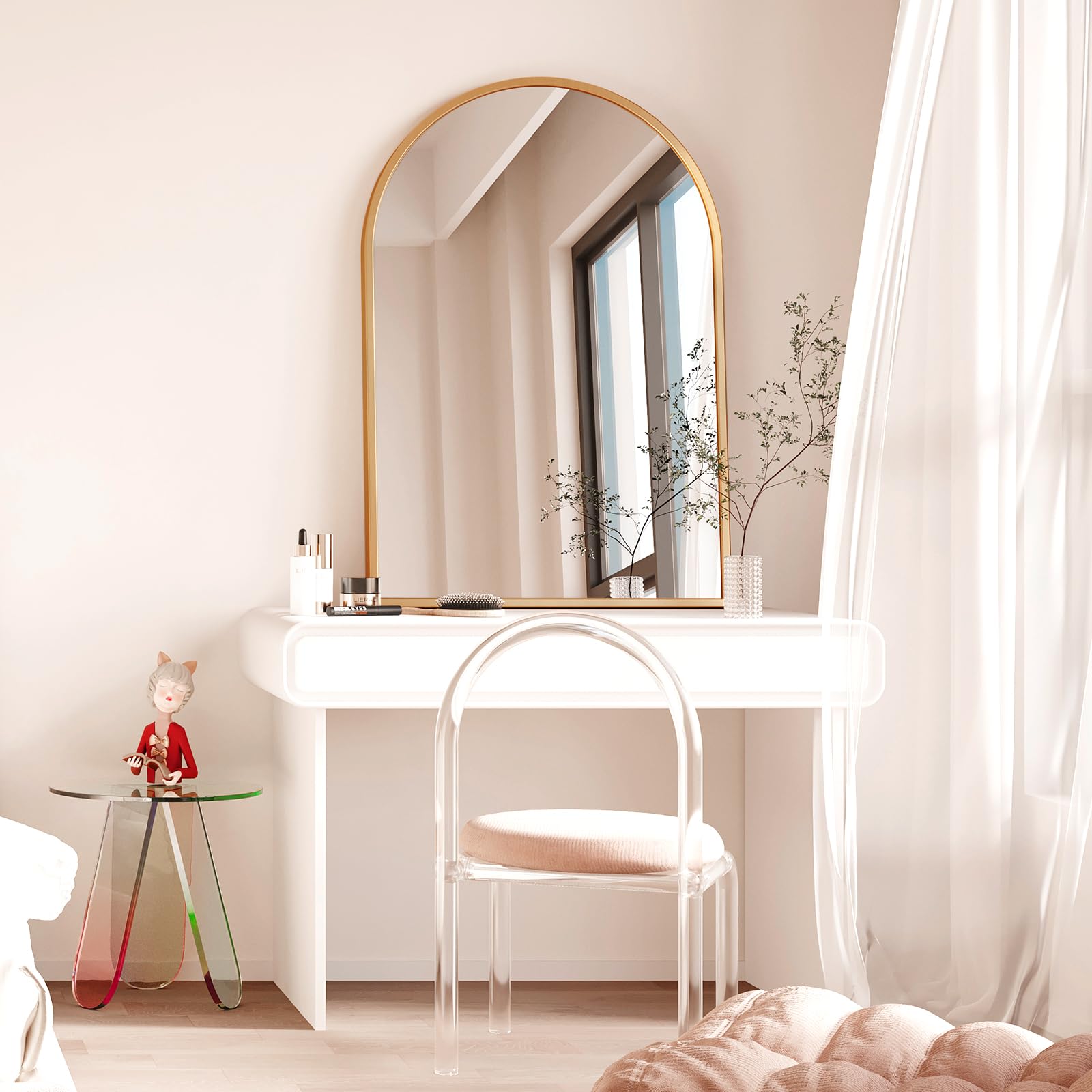 Dripex Miroir Mural Arche 60×90cm Or, Grand Miroir de Maquillage avec Cadre en Alliage d'Aluminium Idéal pour Entrée Chambre Salon Salle de Bain