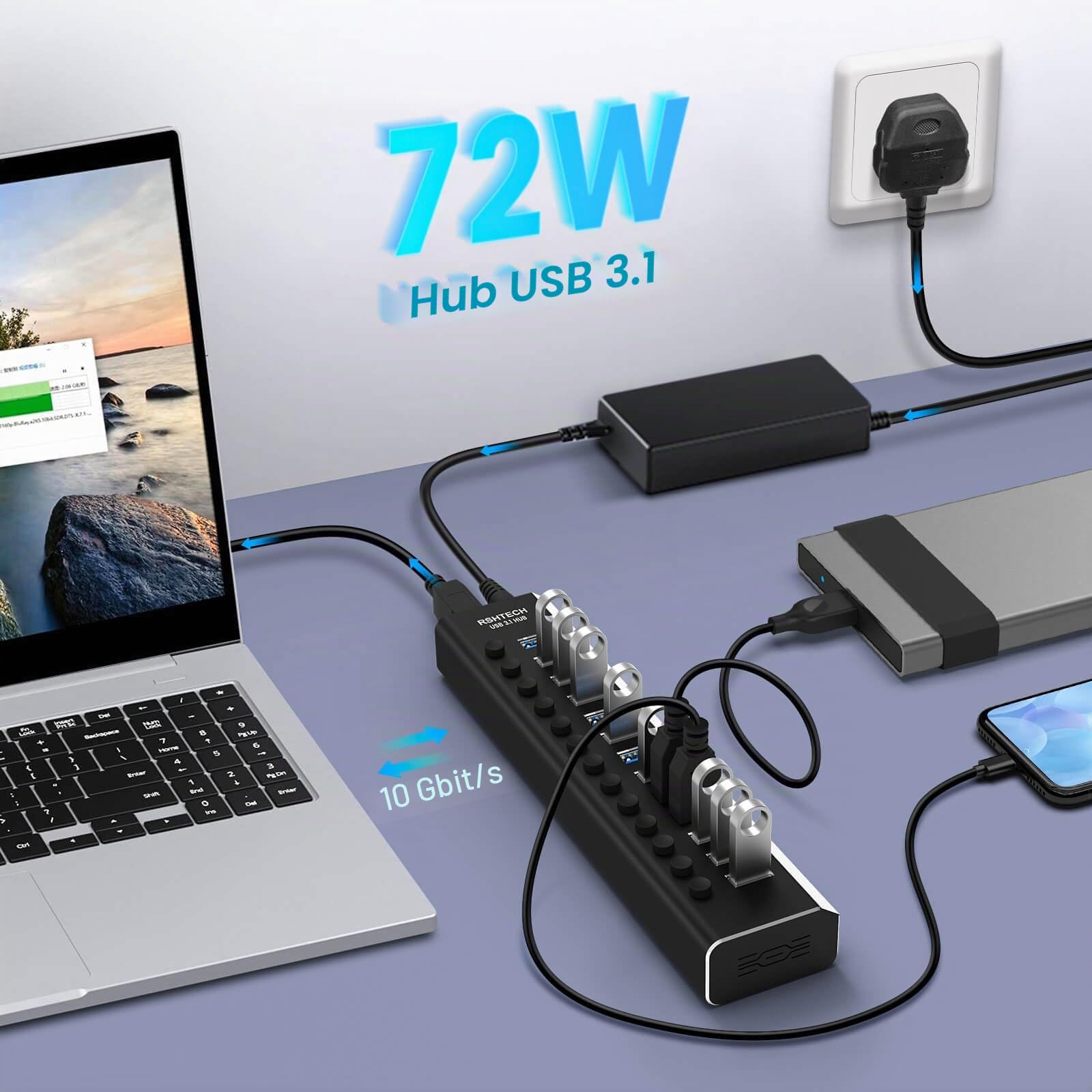 RSHTECH Hub USB 3.2 Alimenté à 13 Port, Multiprise Hub USB 10Gbps, RSH-A13