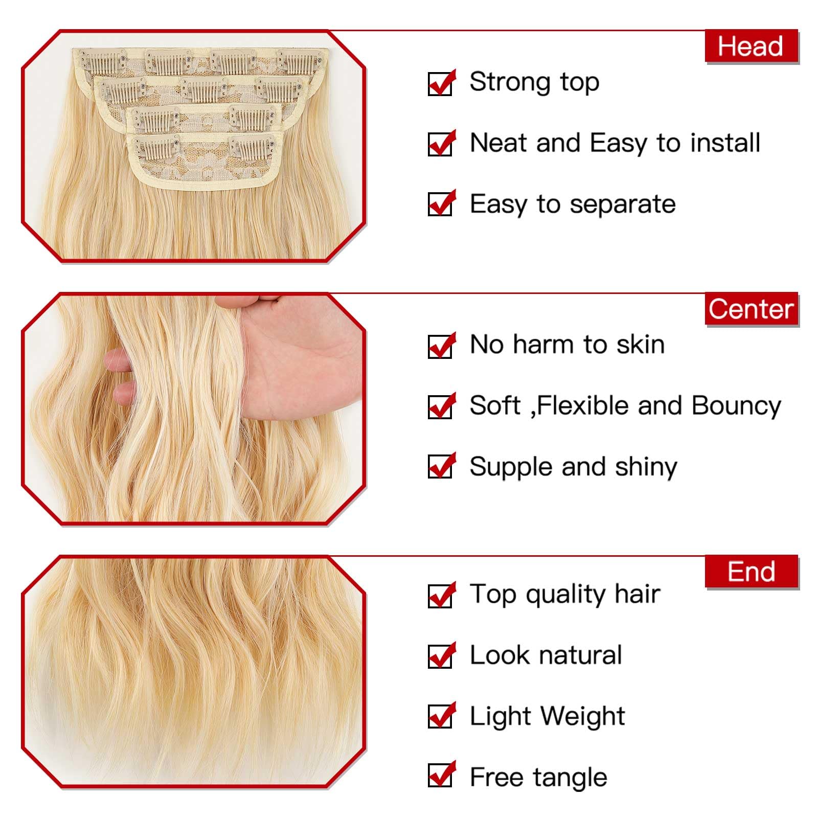 Xtrend 16Inch Wavy Clip in Hair Extensions - Synthetic Full Head Set Thick Curly Wavy Hair, C8#, 16 Inch (Pack of 4) - Image 3