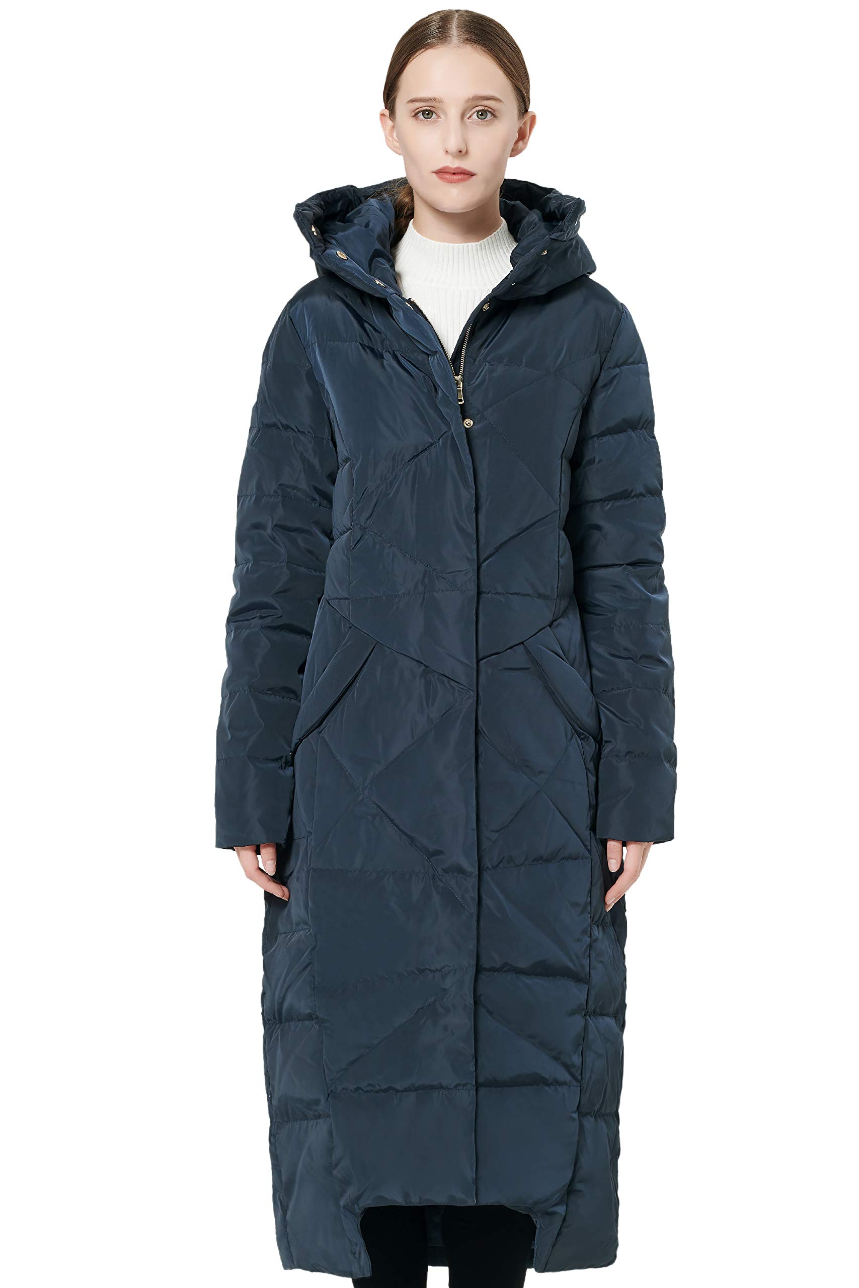 Orolay Damen Daunenmantel mit Kapuze Lange Winterjacke Winddichte Gesteppte Oberbekleidung Marine S