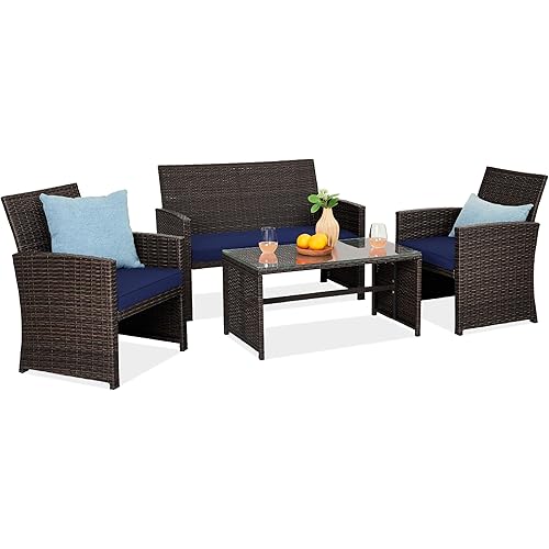 Best Choice Products 4-Piece Outdoor Wicker Patio Conversation Furniture Set for Backyard w/Coffee Table, Seat Cushions - Brown/Navy