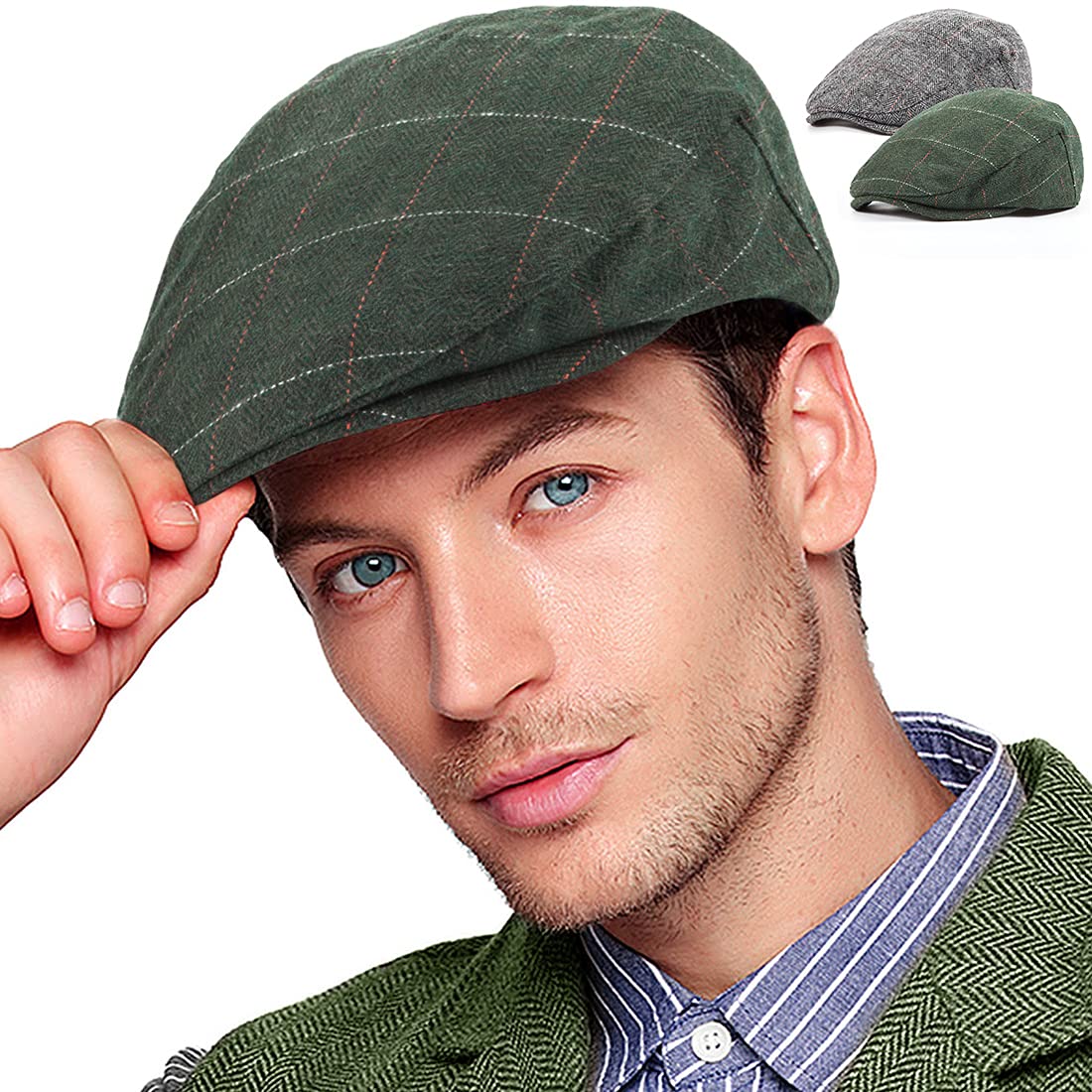 2-Pack Adjustable Newsboy Hats for Men Flat Cap Irish Wool Blend Tweed