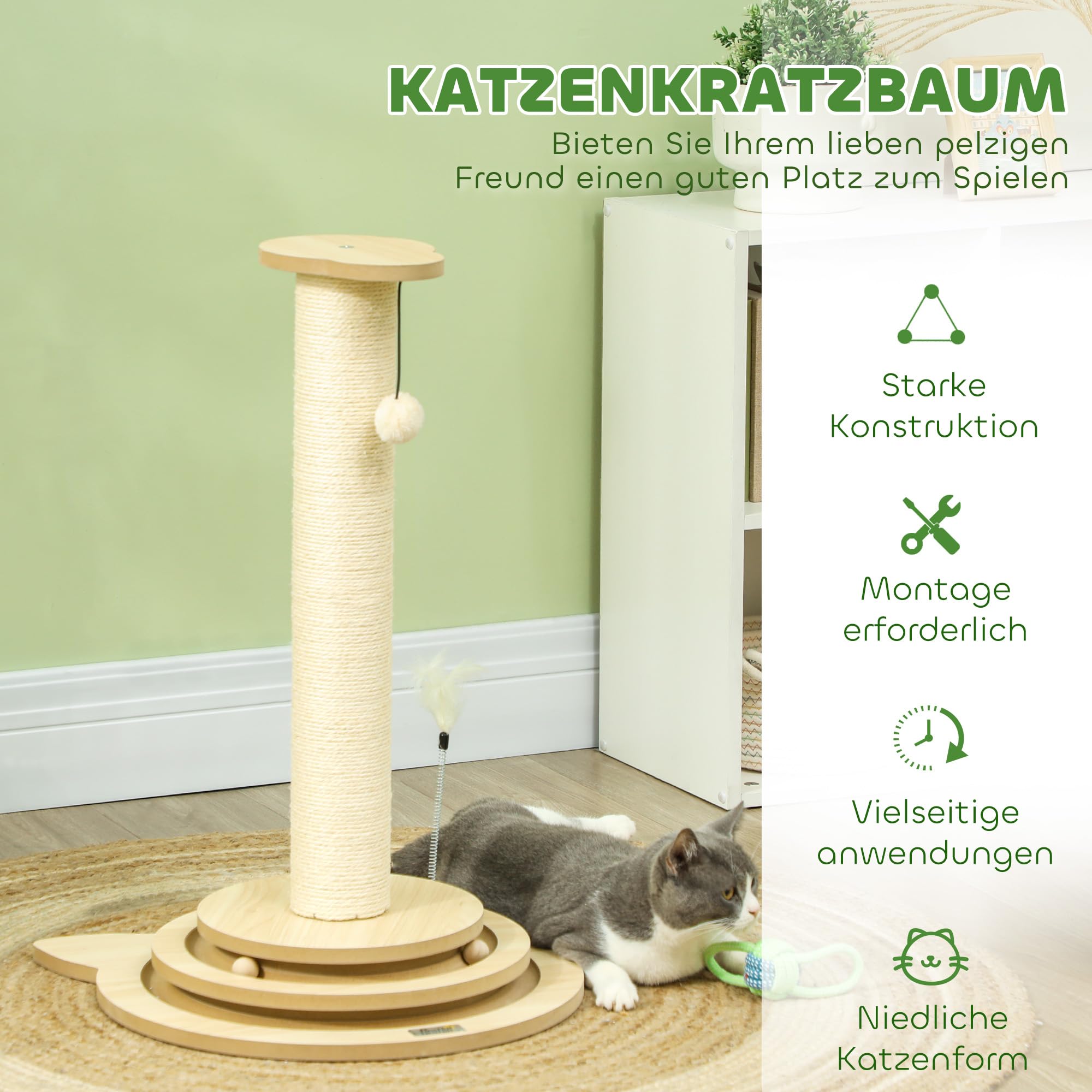 PawHut 4-in-1 Kratzstamm Mit Spielball – 69 Cm Sisal-Kratzsäule Für Katzen, Eiche-Design