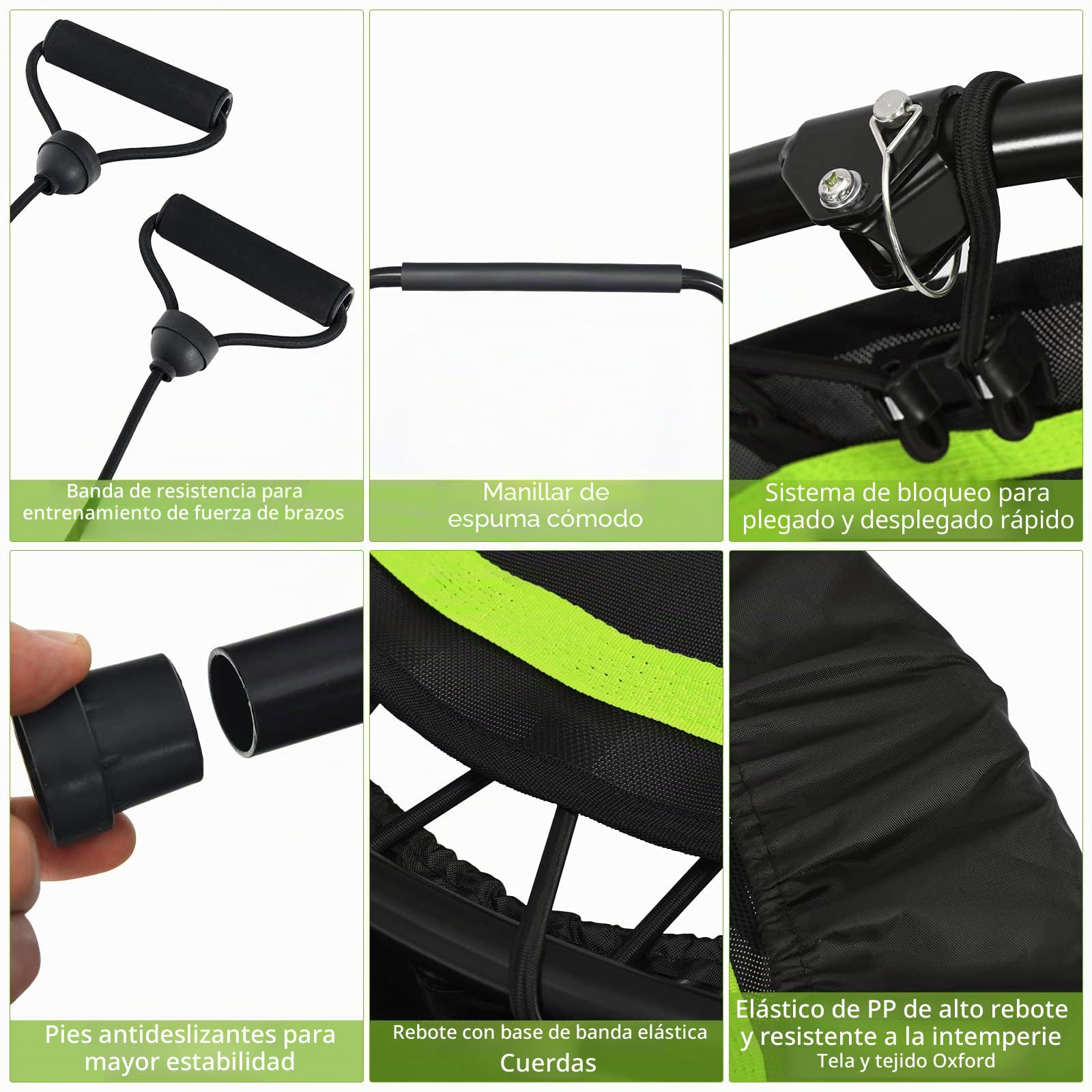 LIFEZEAL Fitness Trampolín Plegable φ101cm, Jumper con Barra de Seguridad, 2 Bandas de Resistencia, Altura Ajustable 107,5-130,5 cm, Estructura de Acero, Capacidad 150 kg, Interior y Exterior