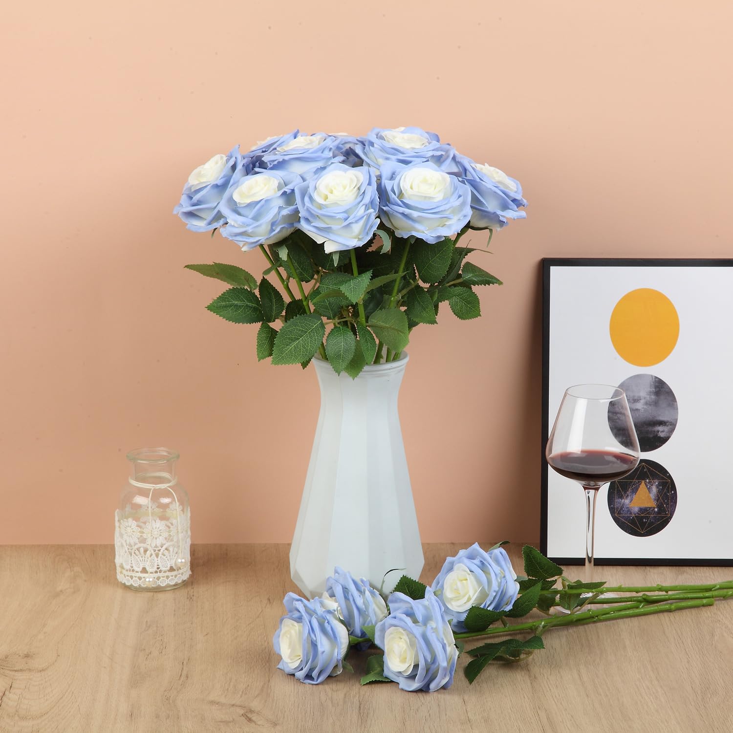 Carlita's Blooms 15 stks Kunstmatige Rose Bloemen Lange Stengel Bourgondië Nep Zijden Rozen voor DIY Bruiloft Boeket Tafel Middenstuk Home Decor (VAAS is NIET Inbegrepen