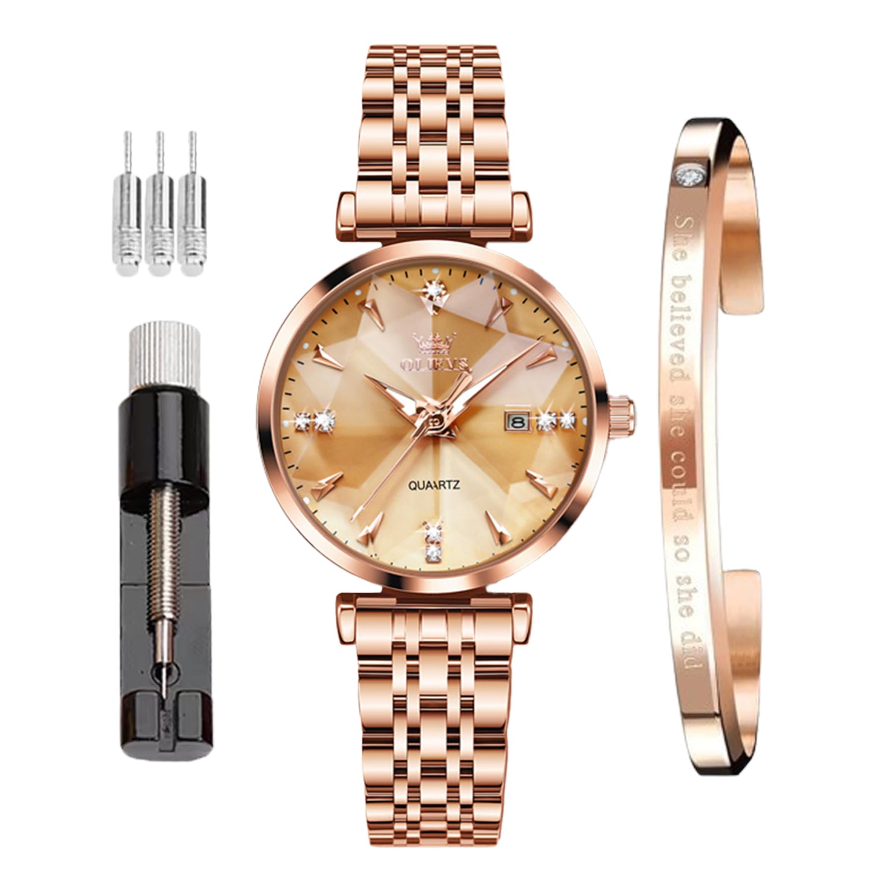 OLEVS Women's Analog Watch Quartz Rose Gold Stainless Steel Strap Fashion Luxury Business Circular Calendar Simulated