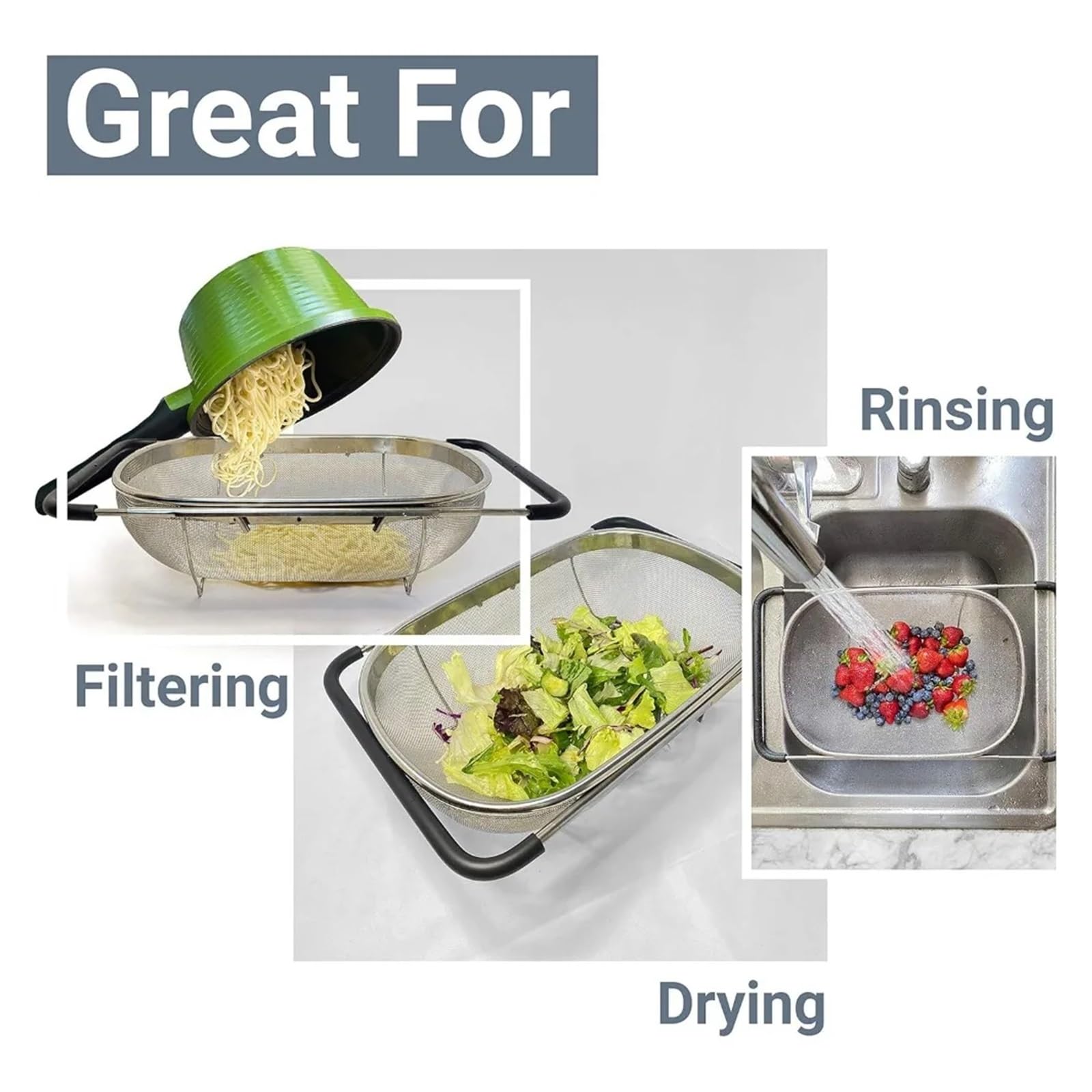 Colador de fregadero con filtro acero inoxidable, mango goma, malla fina, utensilios grandes para Alimentos y Vegetales