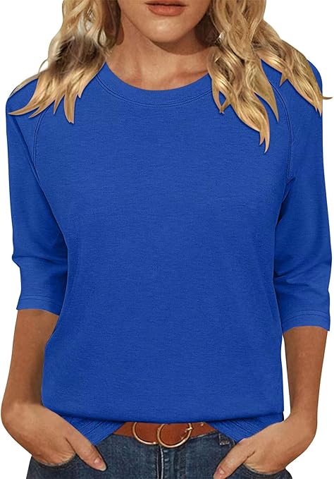 KISSMODA Tunic Tops for Women Loose Fit Dressy Round Neck Pleated 3/4 Length Sleeve Spring Tops