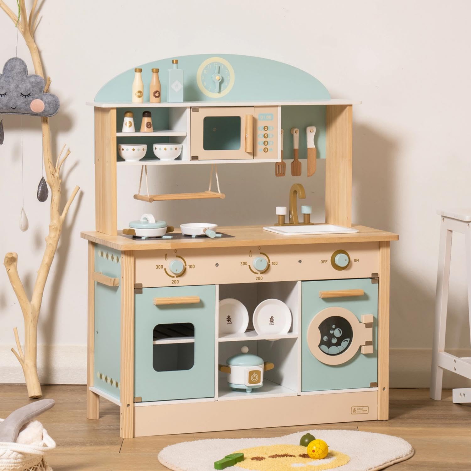 ROBUD Kinderküche Holz für Kinder | Spielküche mit Zubehör Holz Kinder Küche Spielzeug mit Nahrungs & Küchengeräten, Geschenke Spielzeug für Mädchen Jungen Kleinkinder