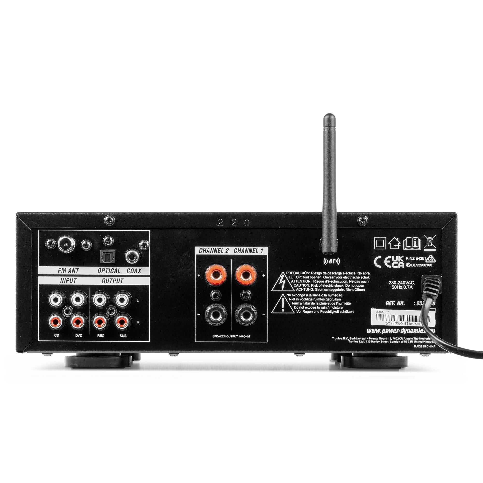 Power Dynamics - Sistema de Sonido Bluetooth, 2 Zonas, Amplificador 2x50W, 2 Altavoces Blancos, MP3, USB, FM, RCA, 3 Entradas de Línea y Micrófono, Apto para Exterior IPX5, Cable Incluido, Mando