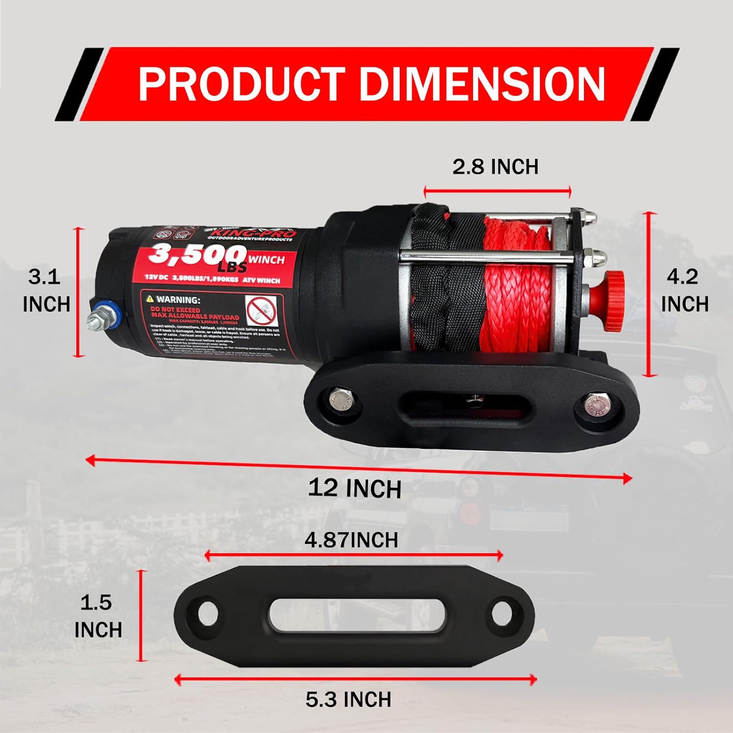 KING-PRO 3500 lb ATV UTV Recovery Winch, 12V Electric Winch Kit with 1/4"×33' Synthetic Rope Wired Remote and Wireless Remotes, IP68 Waterproof Off-Road