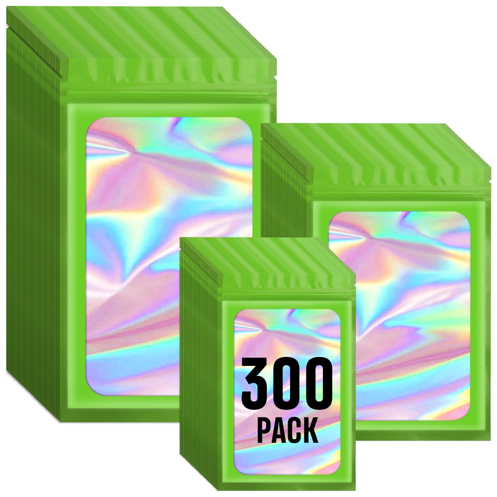 Funfery 300 Pack 3 Size Green Mylar Holographic Bags with Clear Window