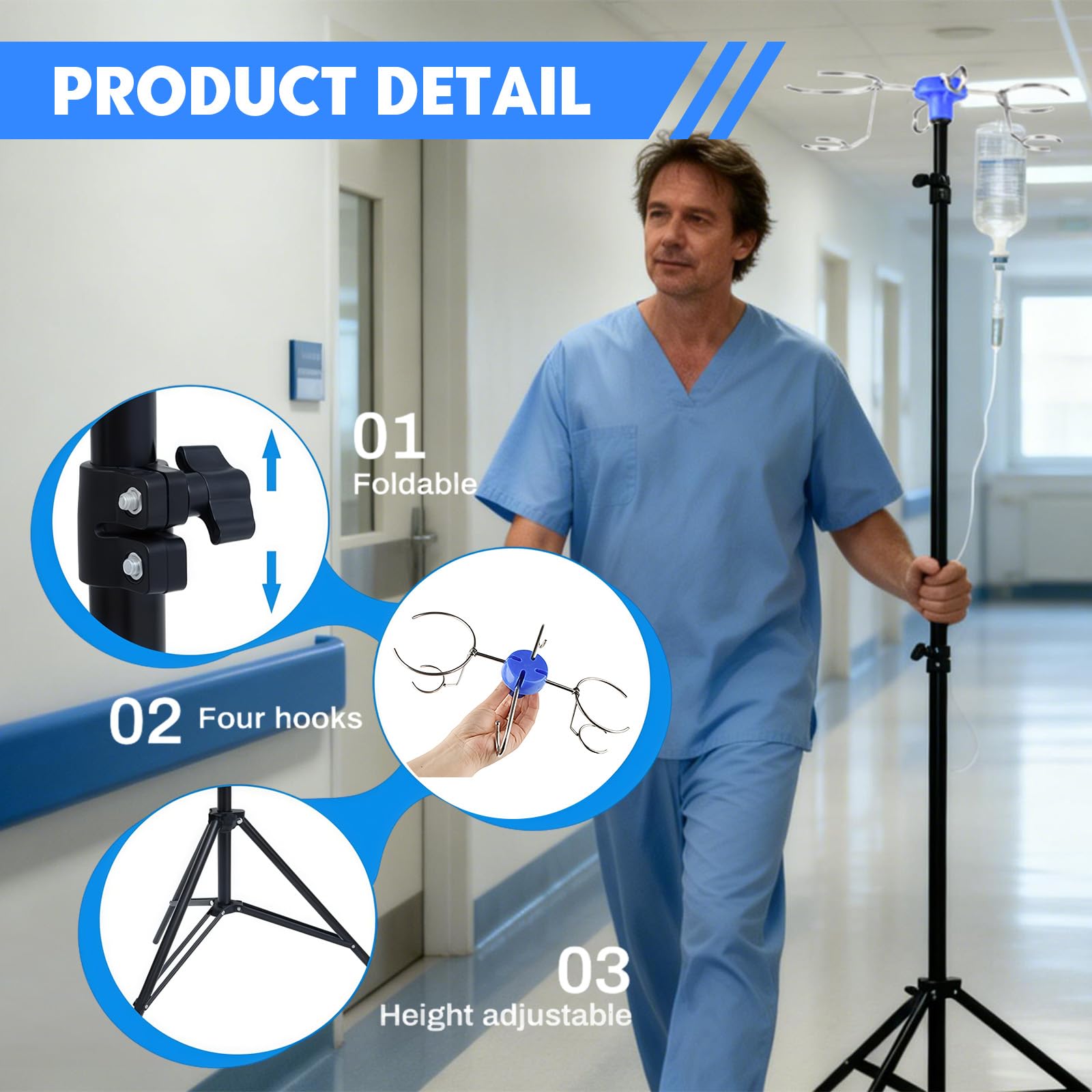 Support à perfusion portable réglable de 90 à 190 cm, pliable avec 4 crochets, 3 poches en filet, panier de rangement pour la maison, les maisons de retraite, les cliniques
