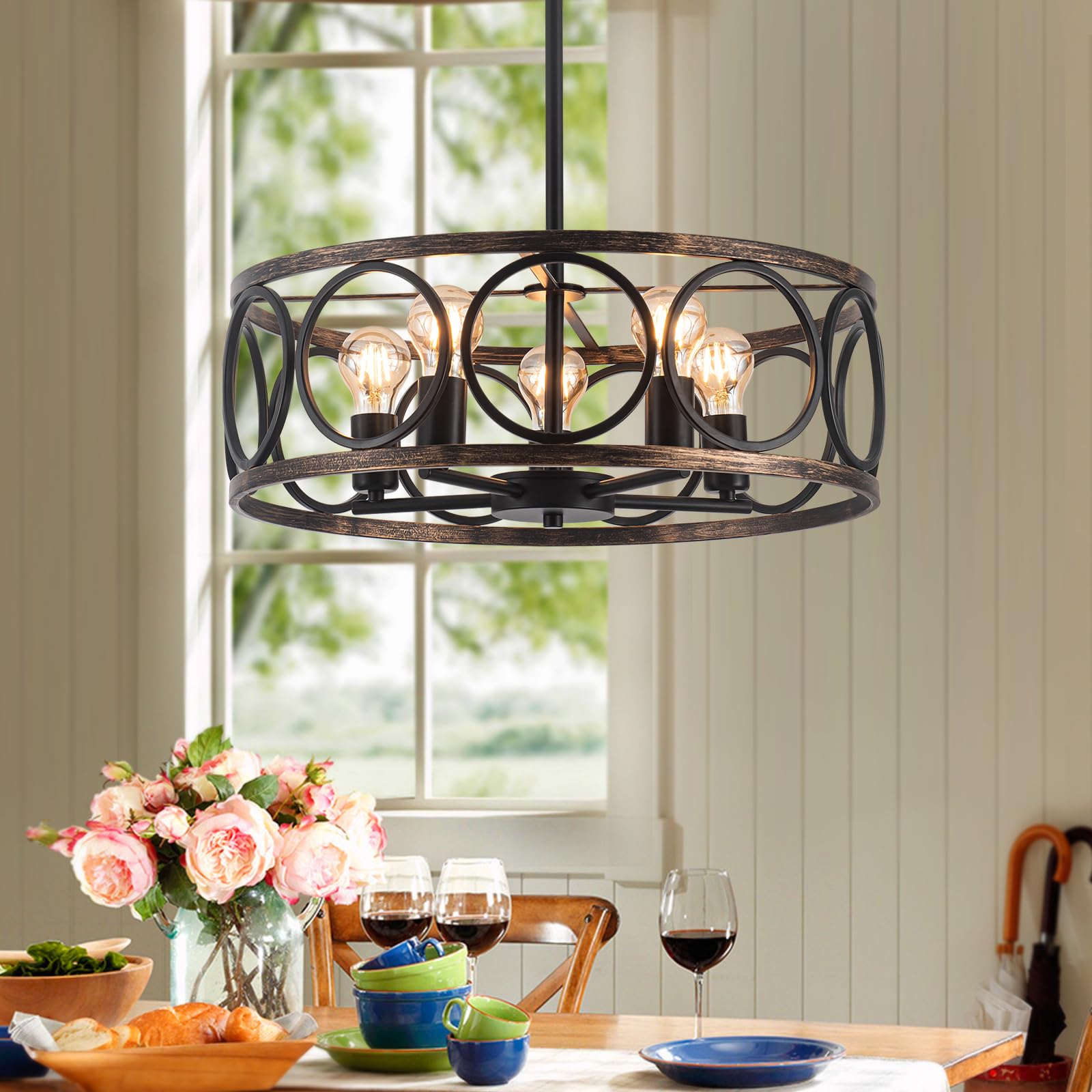 Photo 1 of Farmhouse Chandeliers for Dining Room, 3 Light Rustic Pendant Light Fixture, 13'' Drum Chandelier, Industrial Light Fixtures for Kitchen Island, Dining Room, Bedroom, Bronze Bronze Chandelier