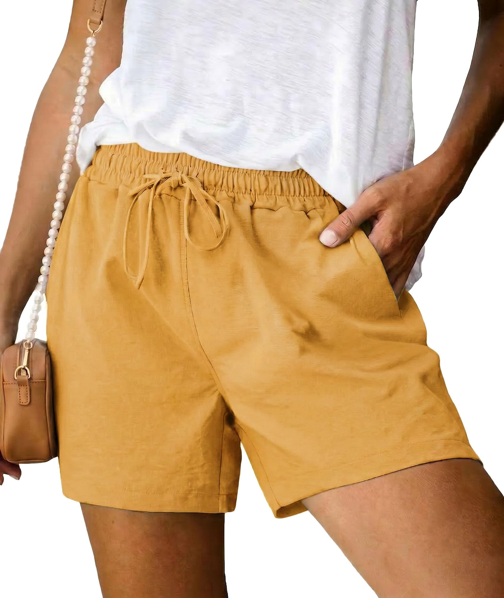 Terecey Kurze Hose Damen Sommer Leinen Freizeithose Beach Bermuda Shorts | Locker mit Elastikbund, Kordelzug Und Seitentaschen, 49 % Rayon/17 % Nylon/34 % Polyester, für Alltag Urlaub Freizeit Sport