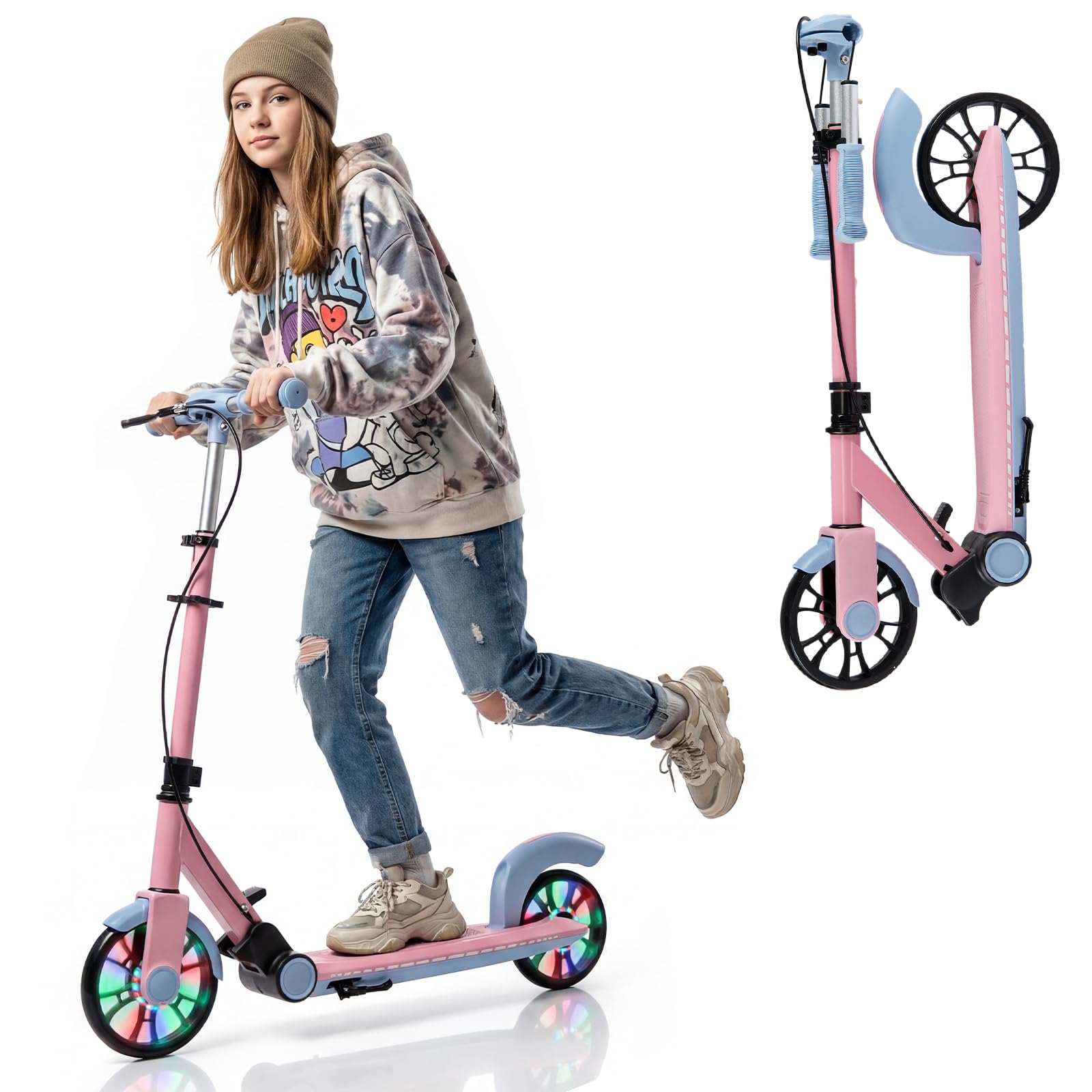 COSTWAY Folding Kick Scooter, 2 Flash Wheels Scooter with 3-Level Adjustable Handlebar and Rear Foot Brake, Lightweight Aluminum Sports Scooters for Kids Teens Adults (Pink, 17 cm)