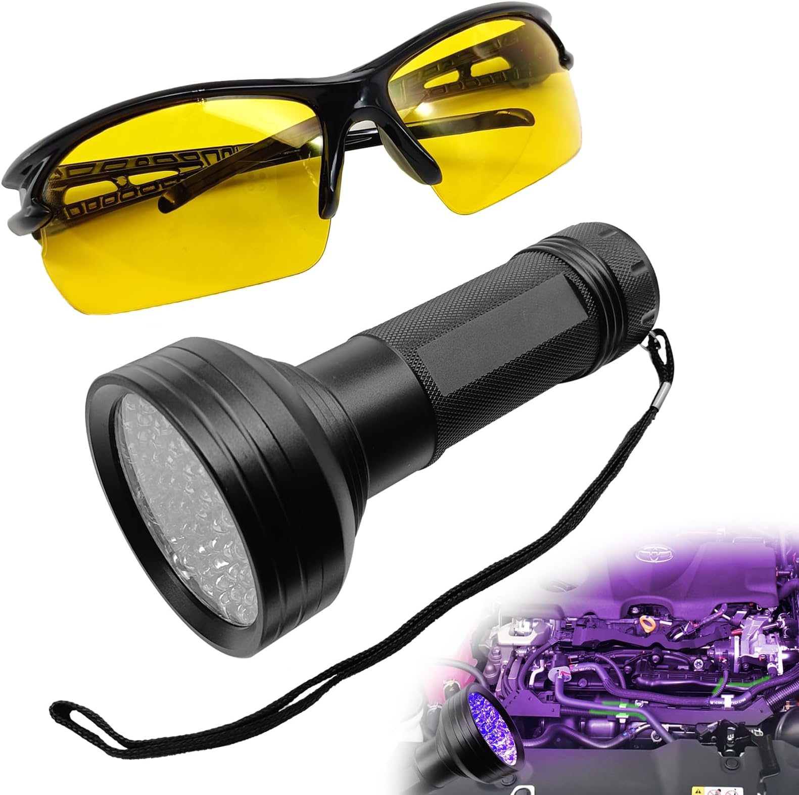 Pleoos Auto Air Conditioner Leak Detector Tool, 68 LED Flashlight with UV Protective Glasses, Flashlight Car Oil AC Dye Leak Test Pro Detection Kit, Automotive Professional Tool