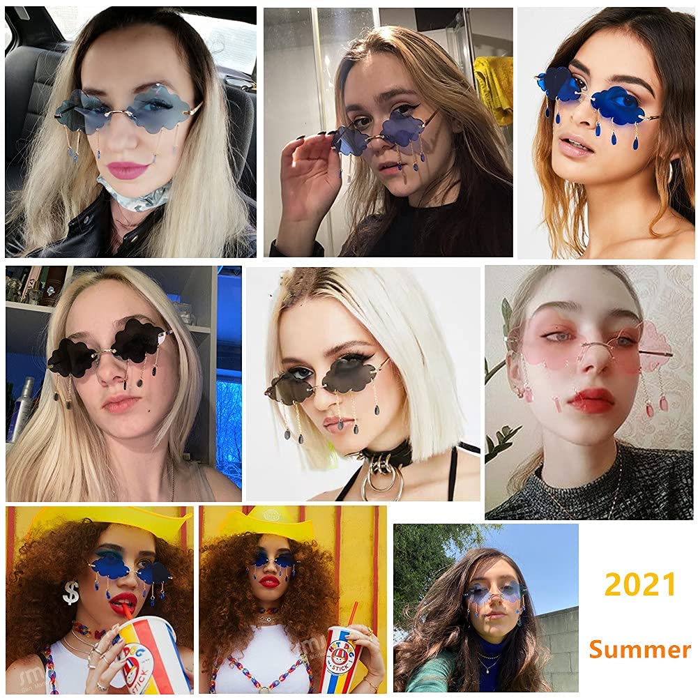 LASPOR Retro Rimless Sunglasses for Women Men Vintage Metal Frameless Cloud Glasses Raining Crystal Pendant UV400 Protection