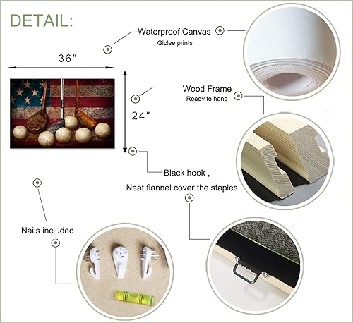 Miniatura 5 de LevvArts Lienzo de golf para pared, diseño vintage de pelota de golf con bandera estadounidense, obras de arte, ocio, deportes, póster, impresiones