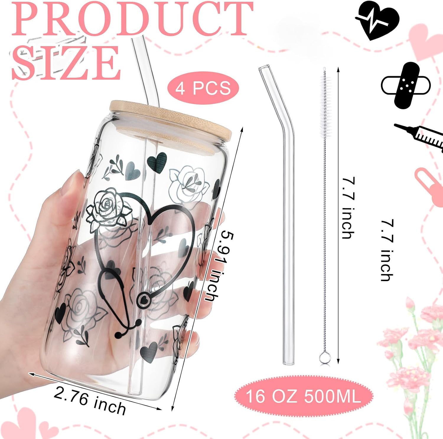 SiliFine 4 Pcs Nurse Gifts Bulk 16 oz Nurse Glass Cups with Lid and Straw Xmas Drinking Can Shape Coffee Glass Tumbler Cup for Nursing Appreciation Party Favor Gifts