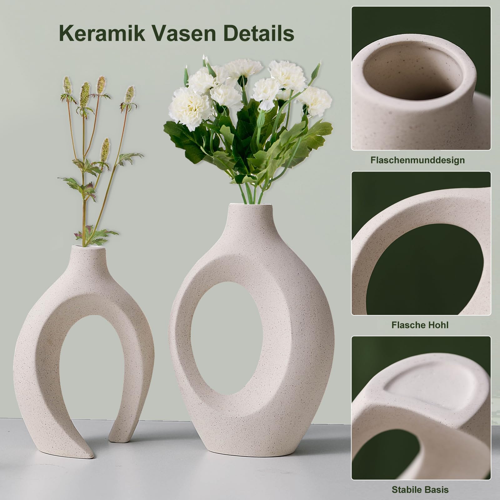 Keramik Vase, SUKIYPO 2er Set Hohle Beige Moderne Vasen für Nordisches, Vasen Deko, ästhetische Boho Blumenvase für Zuhause, Wohnzimmer, Büro, Bauernhaus, Couchtisch Dekoration