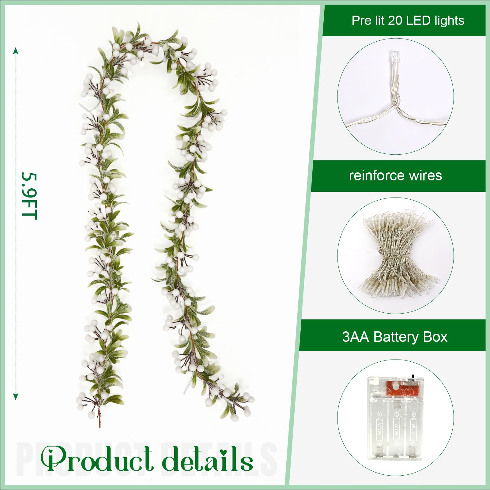 Joyhalo Guirnalda de Navidad con luces que funciona con pilas, guirnalda de Navidad iluminada con 20 luces LED de bayas blancas, decoraciones de Navidad, guirnalda preiluminada para interiores y