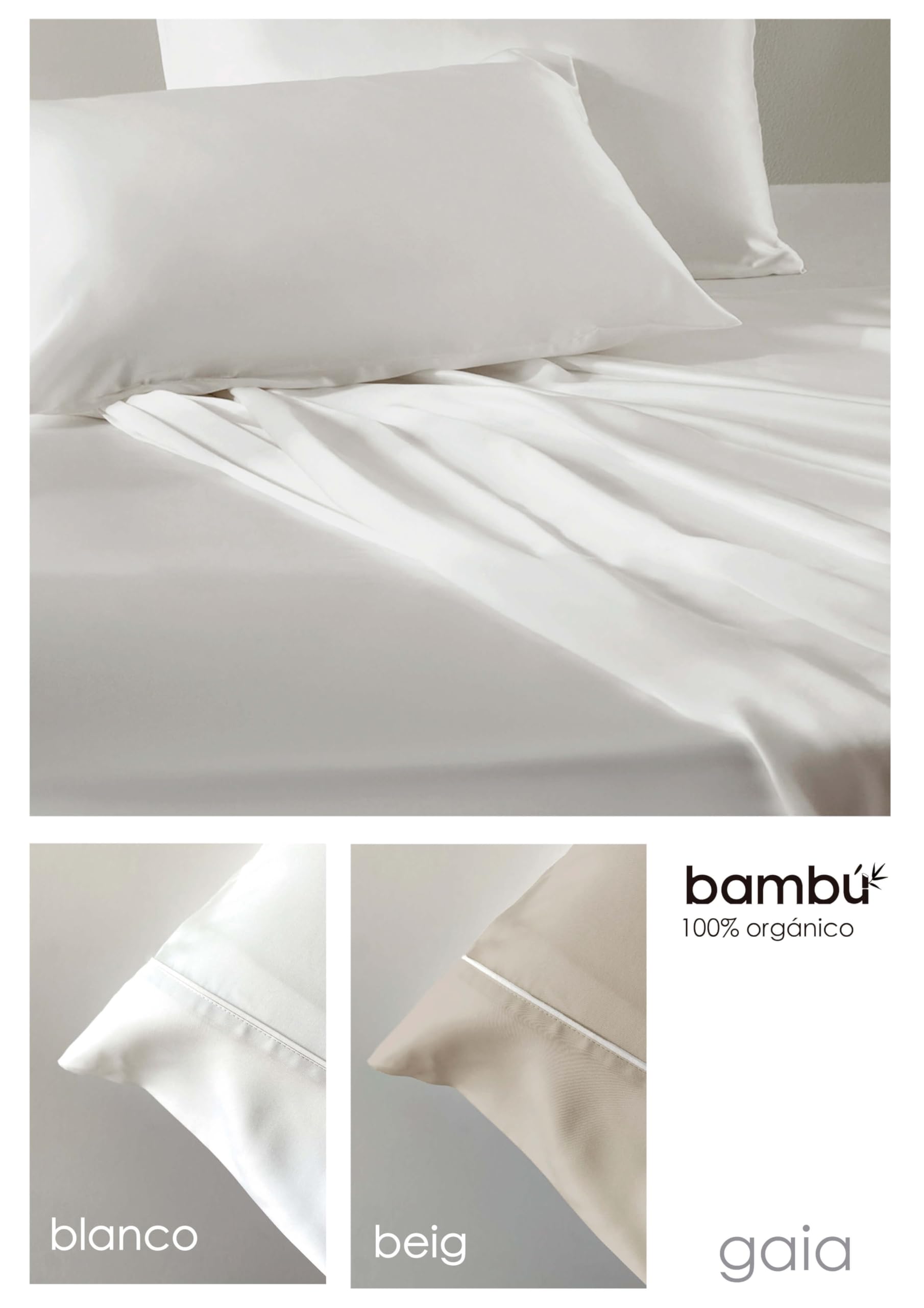 ANTILO TEXTIL Juego de Sábanas Gaia, Bambú 100% Orgánico 300 Hilos, Transpirable, Blanco y Beige, Certificación Oeko-Tex (Beige, 150 cm)