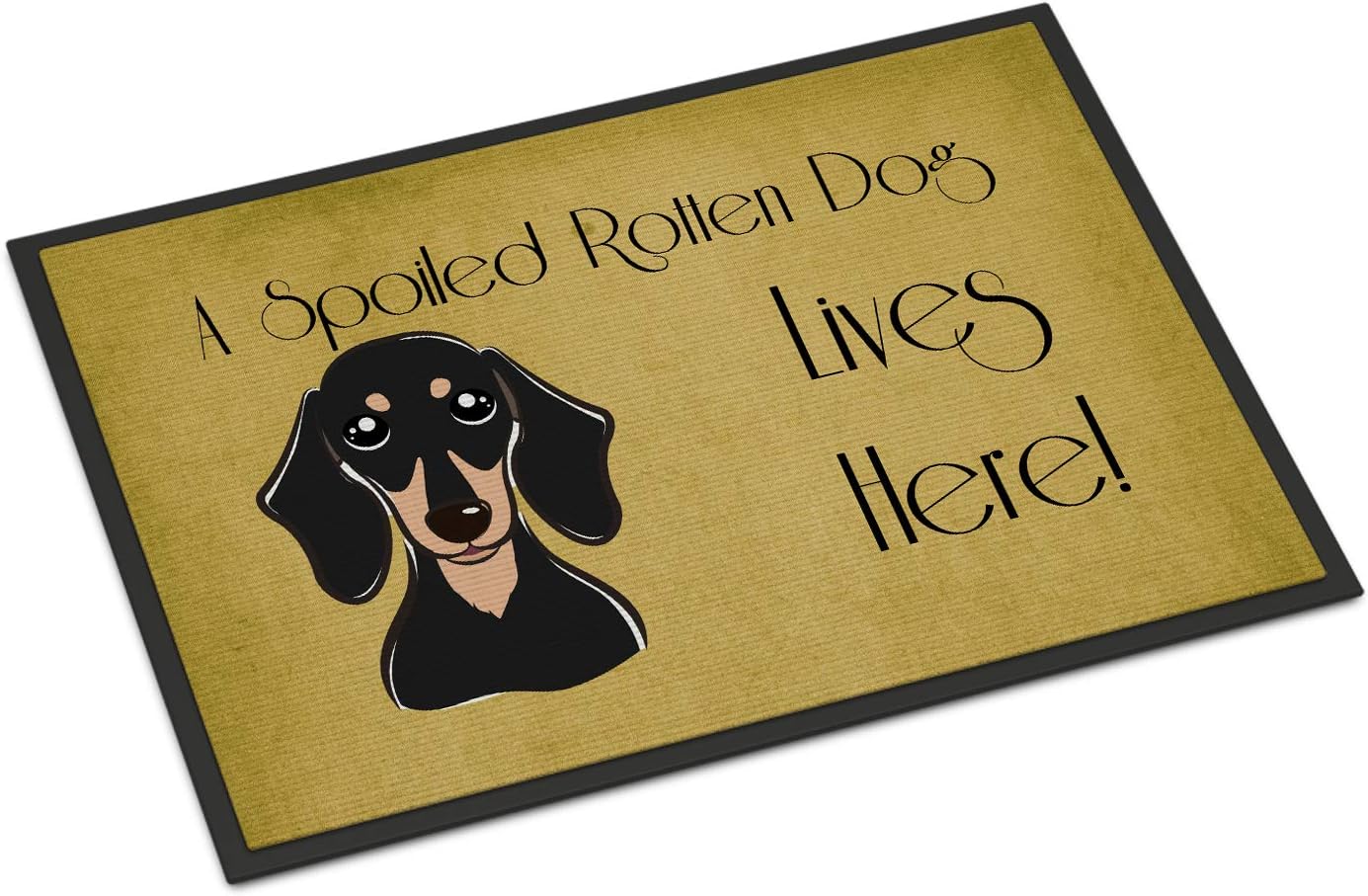 Caroline's Treasures BB1463MAT Smooth Black and Tan Dachshund Spoiled Dog Lives Here Doormat 18x27 Front Door Mat Indoor Outdoor Rugs for Entryway, Non Slip Washable Low Pile, 18H X 27W