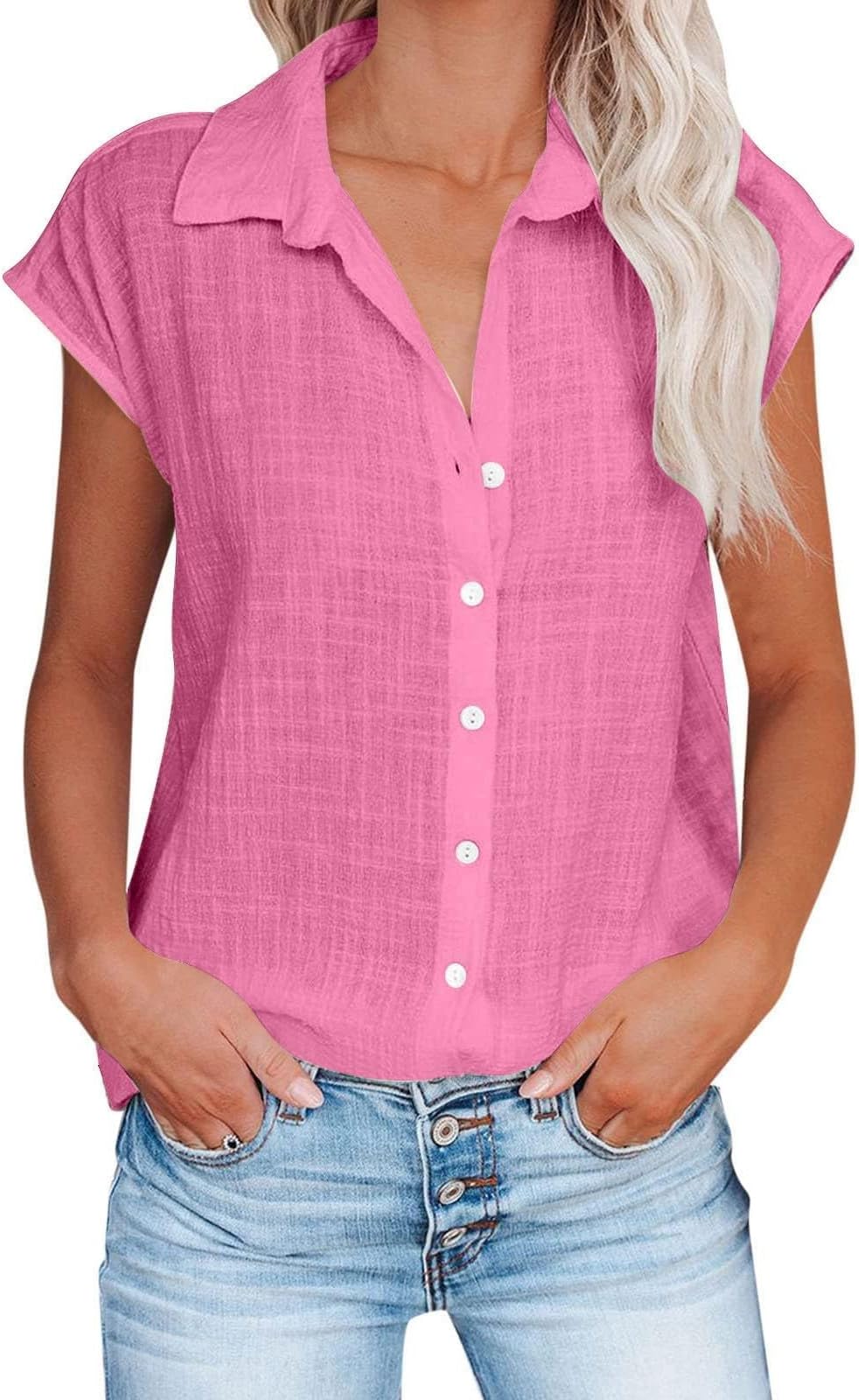 Womens Cotton Linen Shirts Ladies Lapel Cap Sleeve Cotton Gauze Tops Casual Trendy Button Down Dressy Blouses