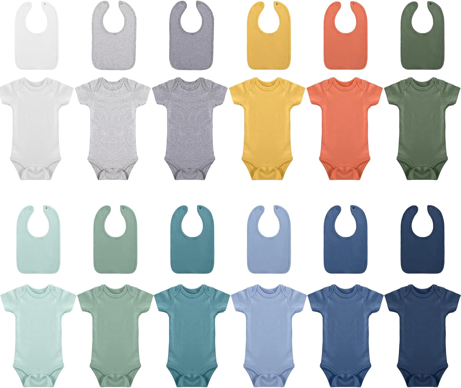 Hillban 24 Pcs Unisex Cotton Short Sleeve Bodysuits Baby Bibs Set for Baby Shower
