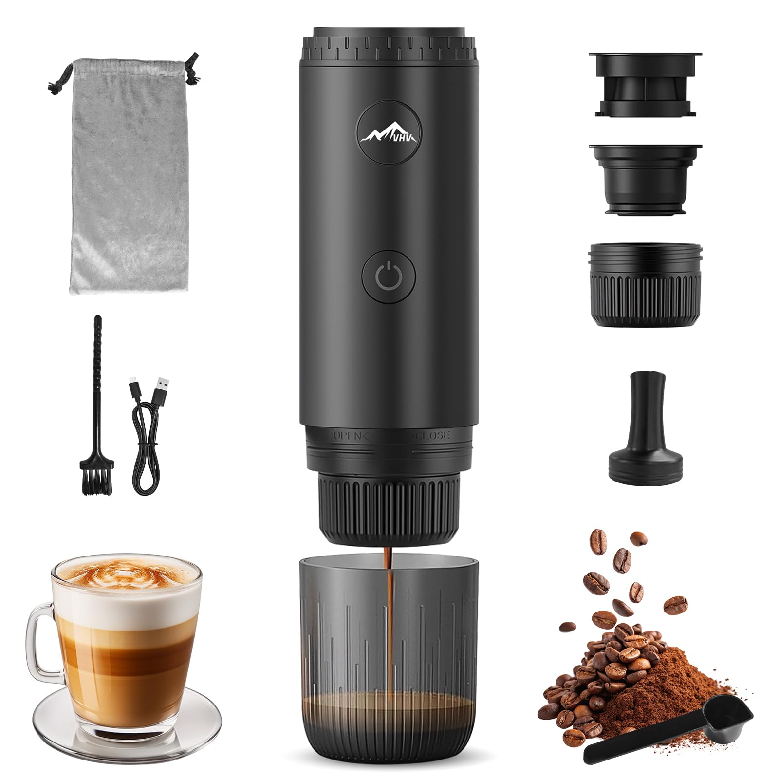 VHV Machine à Cafe Portable, Cafetière Portable 3 en 1 Compatible avec les Capsules Espresso et Poudre de Café, Rechargeable Pour Voyage, Camping, Voiture, Maison (Noir)