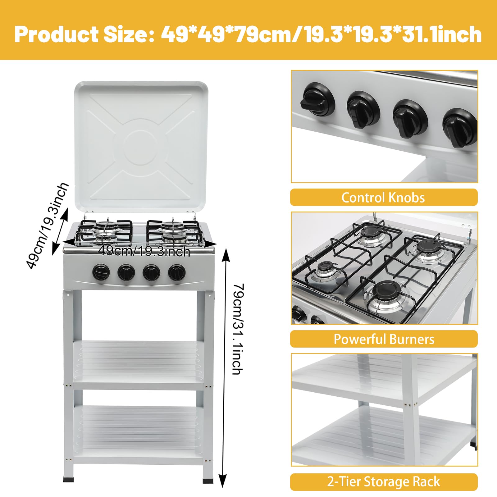 TFCFL Portable Stove 4 Burner Gas Stove with Support Leg Stand, Wind Blocking Cover and 2 Layers Storage Rack Manual Ignition Camping Stove for Home RV Apartment Outdoor Use (White)