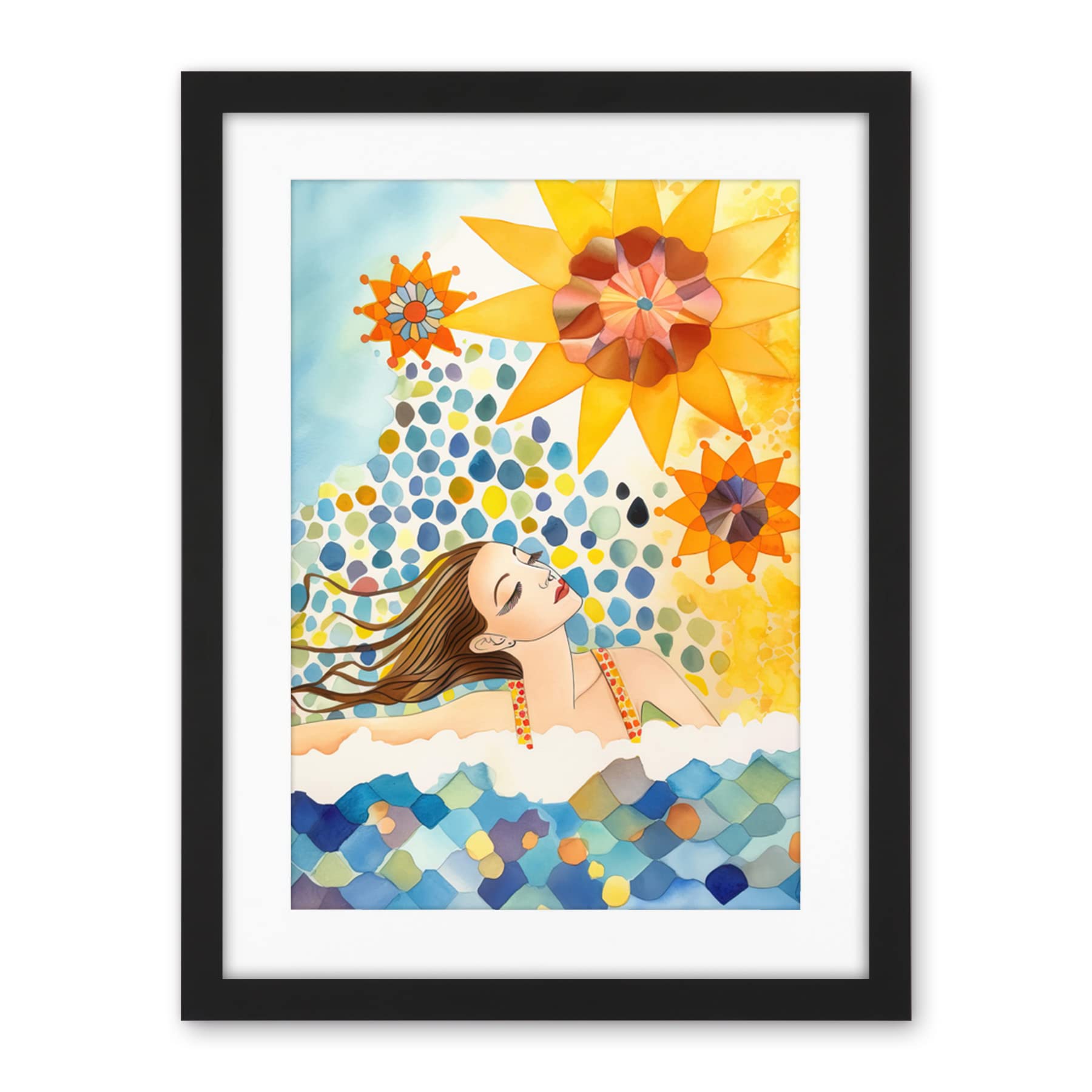 Artery8 Abstract Sea Swimming Folk Art Bathroom Artwork Framed Wall Art Print 18X24 Inch