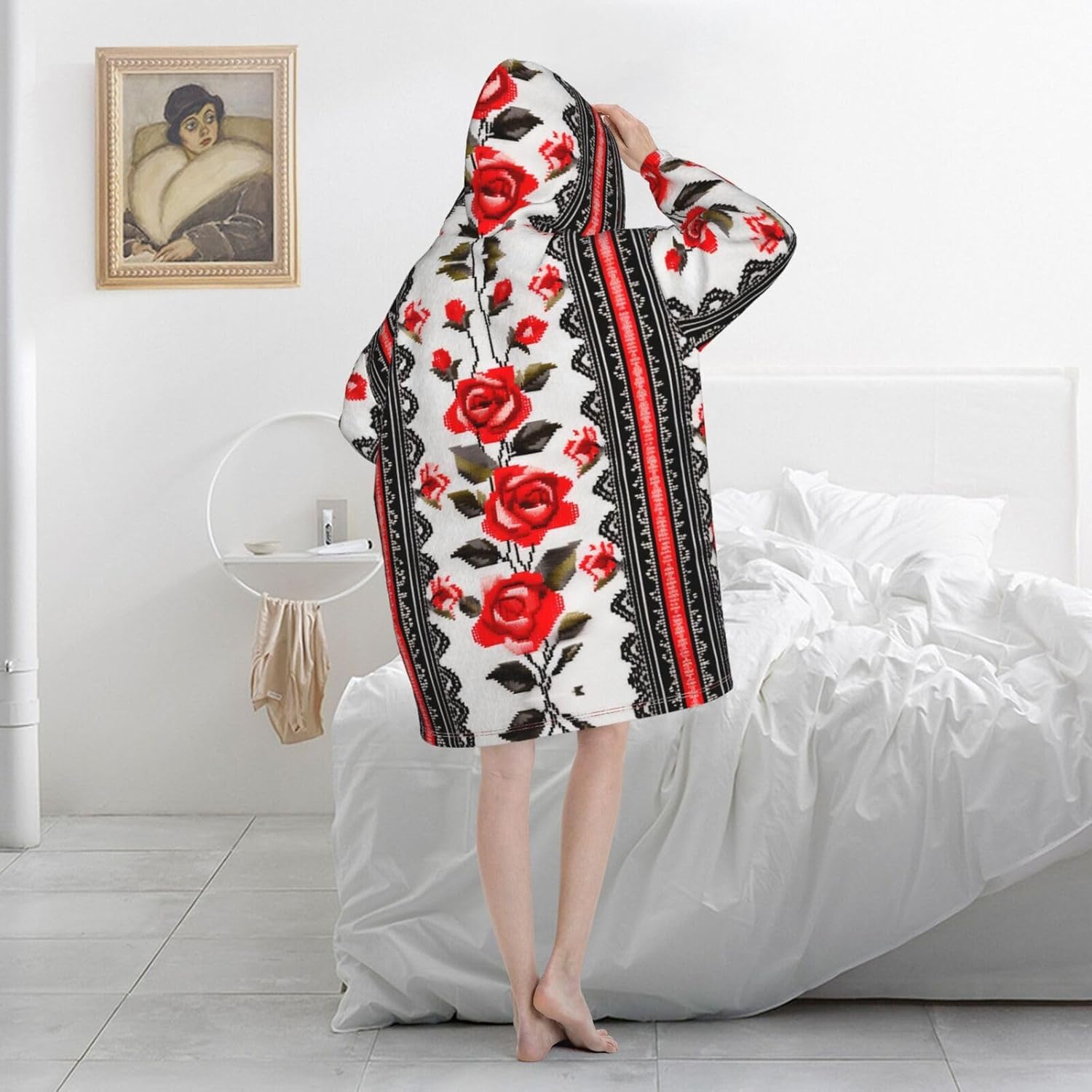 MUSM Ukrainian Embroidery Style Rose Print Blanket Hoodie Fleece Sweatshirt Blanket With Sleeves And Pockets