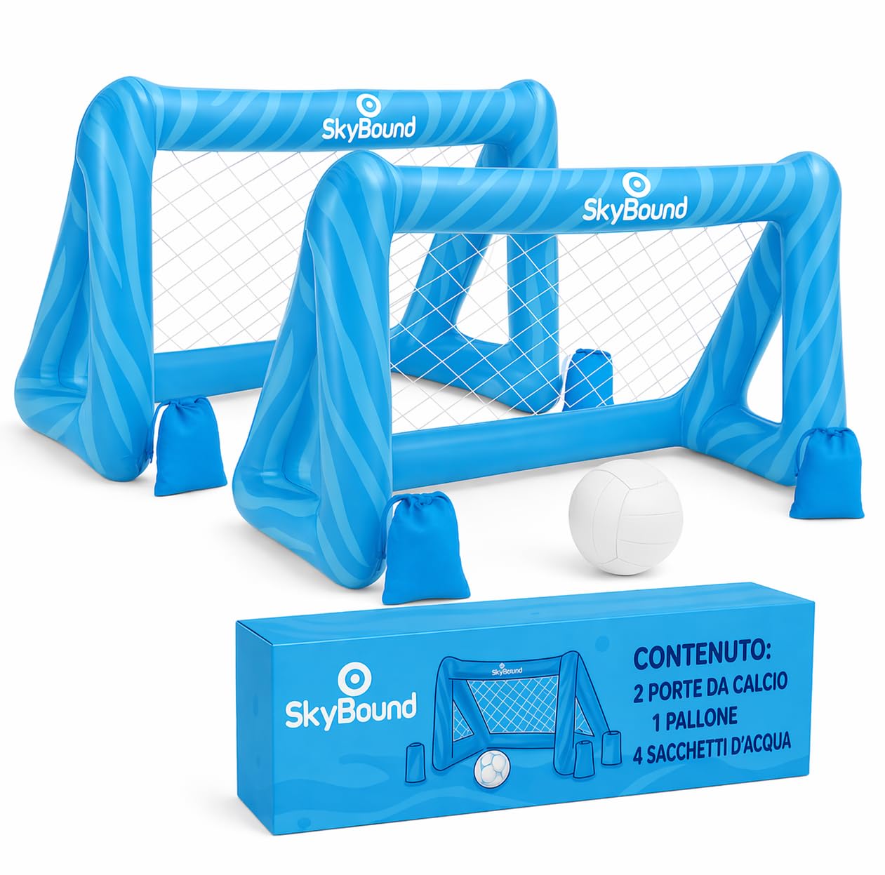 SkyBound Set 2 Porte Gonfiabili da Pallanuoto: Il miglior gioco in piscina per bambini - Porta da calcio acquatico con 4 zavorre e palla - Ideale per l'estate e feste in giardino - Pack da 2.