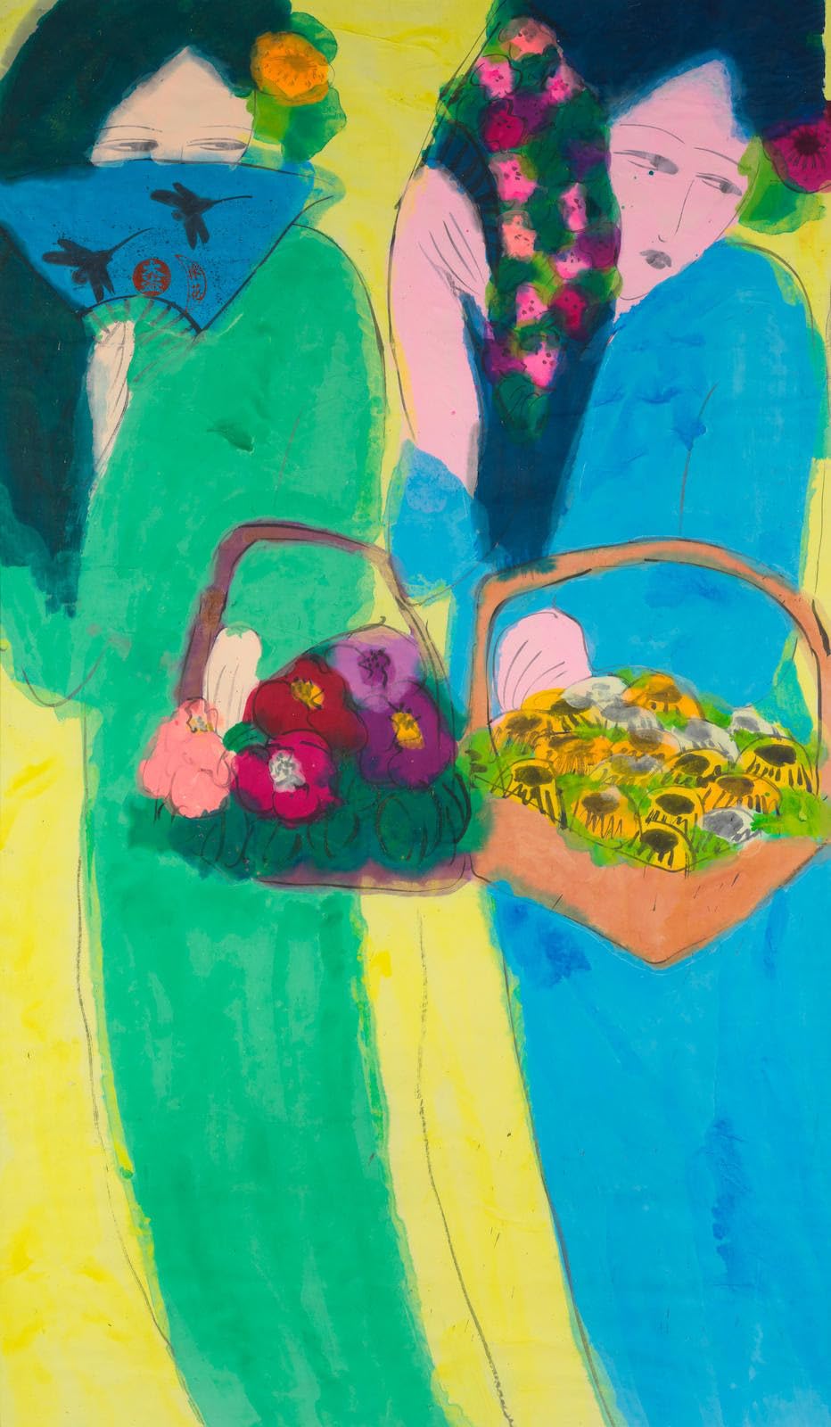 Impression en couleur Walasse Ting Deux Dames Avec Des Éventails sur toile d'art de qualité