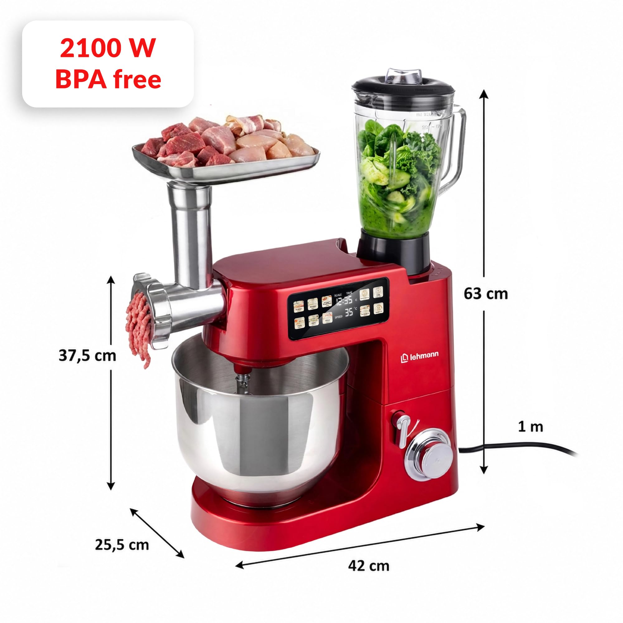 LEHMANN Teyles Multifunktions-Küchenmaschine 8L 2100W mit Waage & Heizschüssel, Planetarische Knetmaschine für Brot- & Pizzateig, 1,5-Liter-Mixer, Fleischwolf, Touchdisplay, Rot
