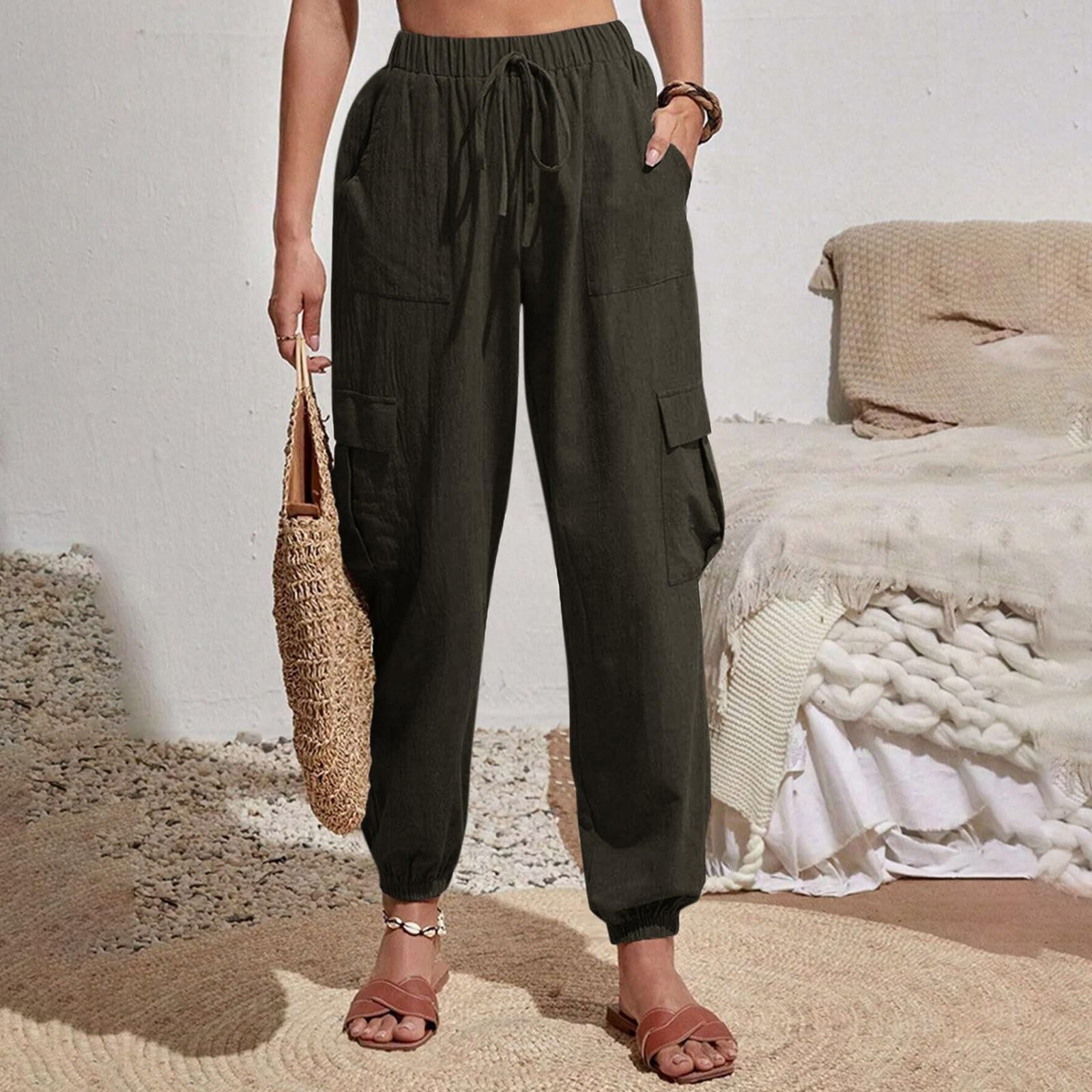 Women's Cargo Pants High Waisted Casual Baggy Jogger Pants Relaxed Fit Sweatpants Loose Drawstring Long Pants Trouser Army Green